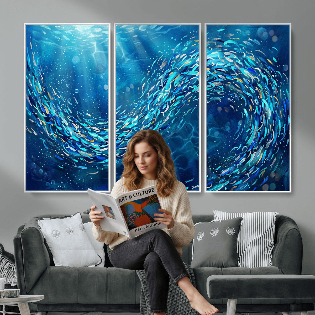 School of Fish Canvas Print | Blue Ocean Underwater Wall Art