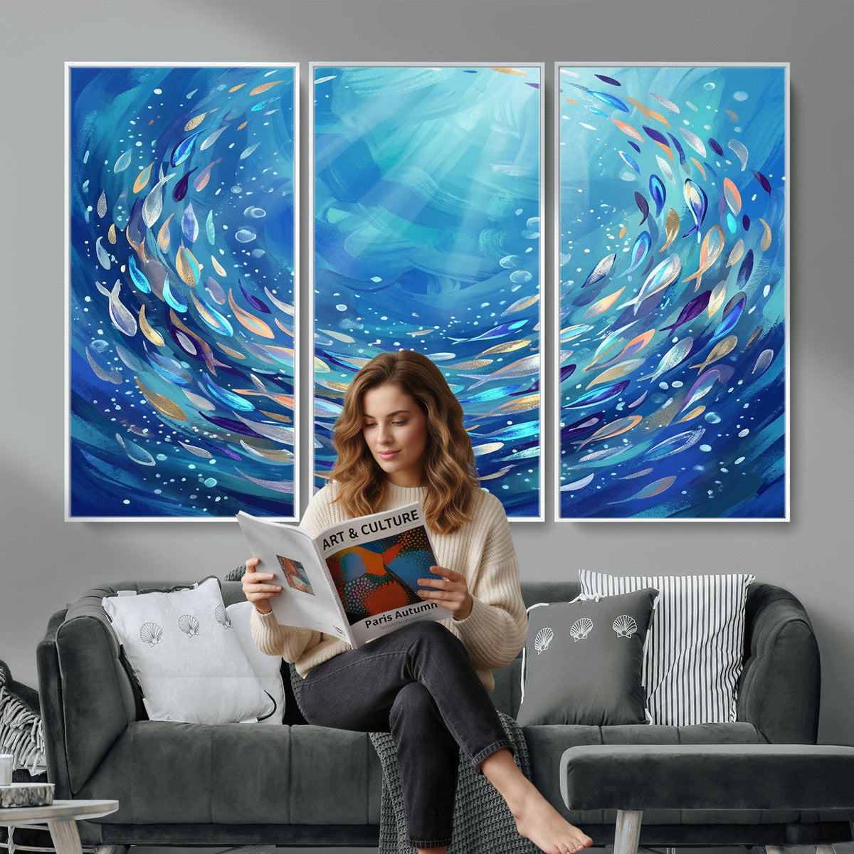 School of Fish Canvas Print | Blue Ocean Underwater Wall Art