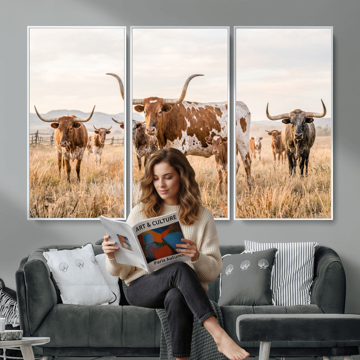 Texas Longhorn Canvas Wall Art, Rustic Farm Animal Photography Print, Farmhouse Country Decor, Western Ranch Art