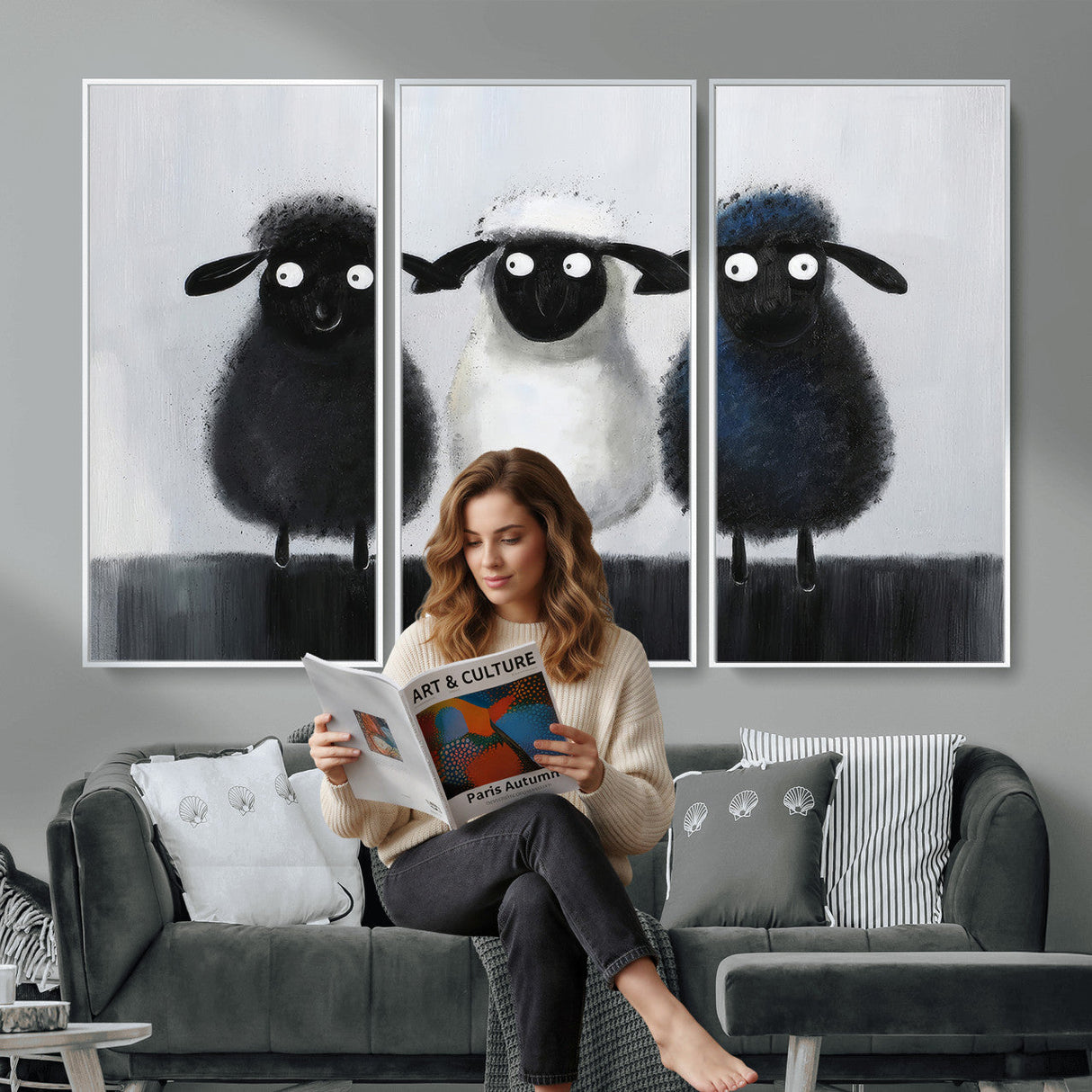 Funny Sheep Canvas Wall Art, Three Quirky Sheep Painting Print, Cute Animal Nursery Decor, Black White Navy Farmhouse Art, Kids Room Gift