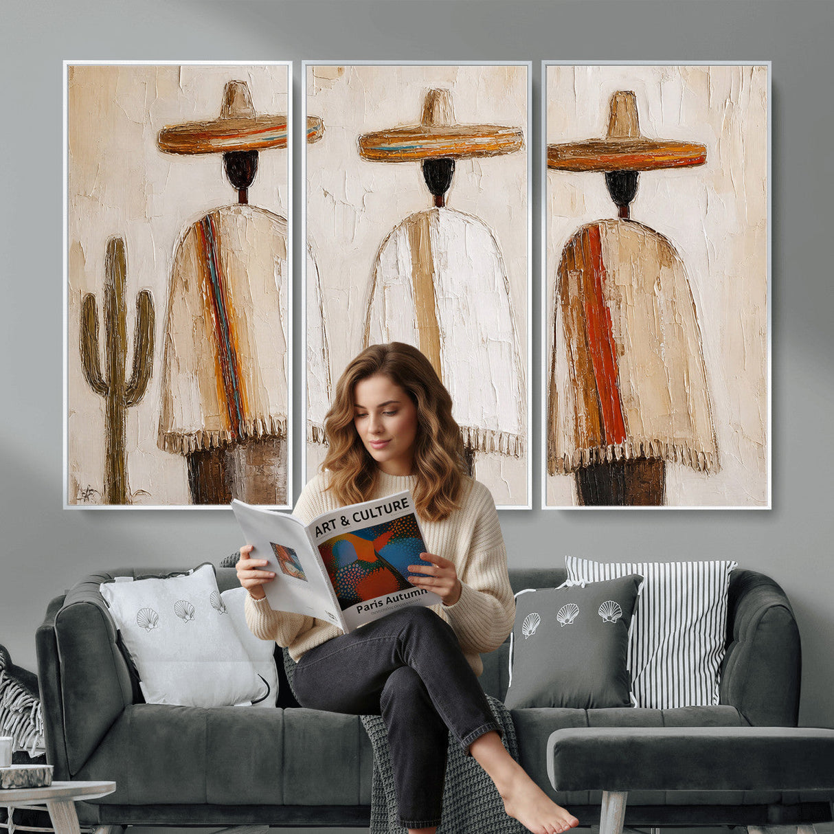 Mexican Wall Art Canvas Print, Southwestern Sombrero Poncho Painting, Neutral Earthy Boho Decor, Fiesta Living Room Art, Impasto Style Print