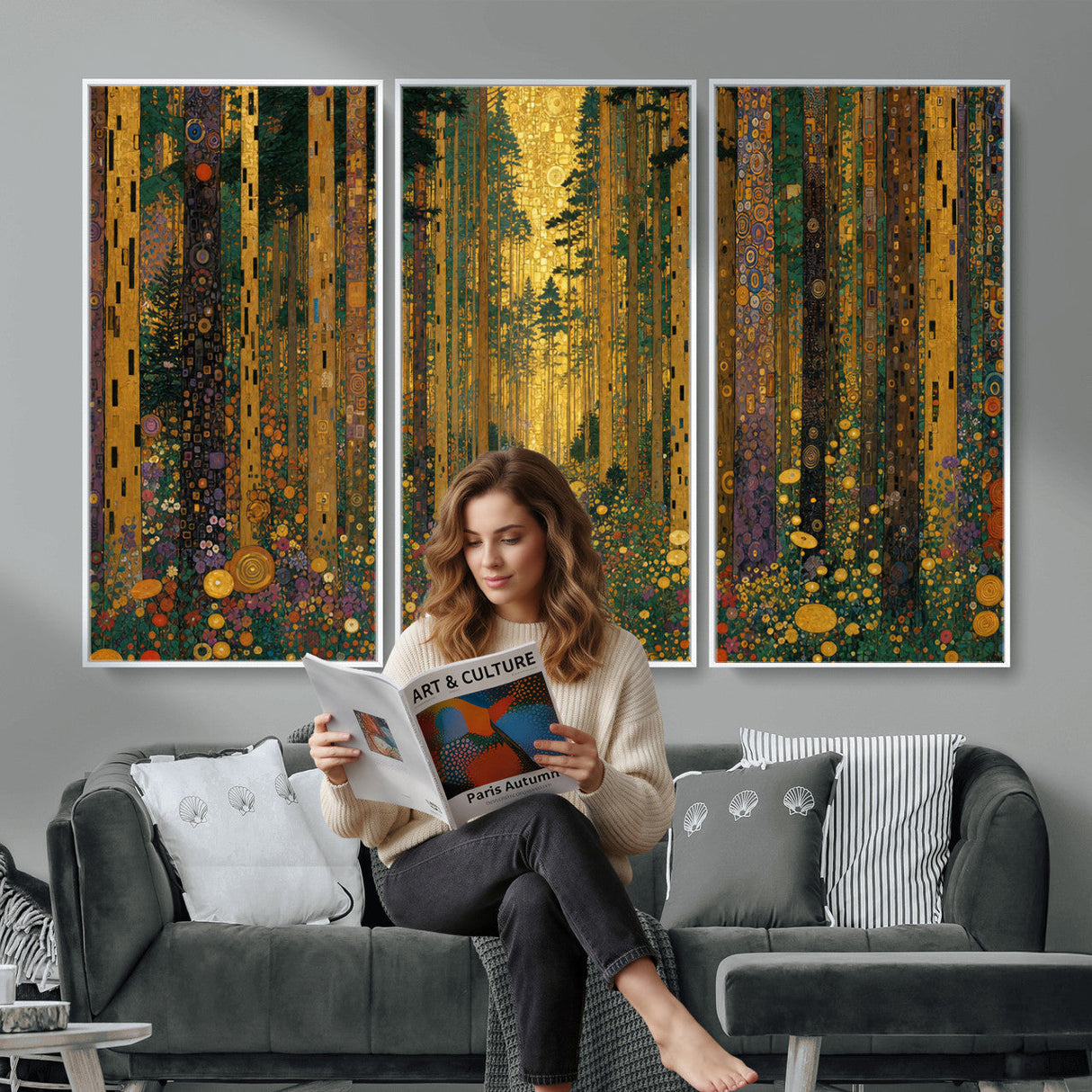 Gustav Klimt Style Forest Canvas Wall Art, Golden Forest Path Floral Art Nouveau Print, Enchanted Woodland Decor
