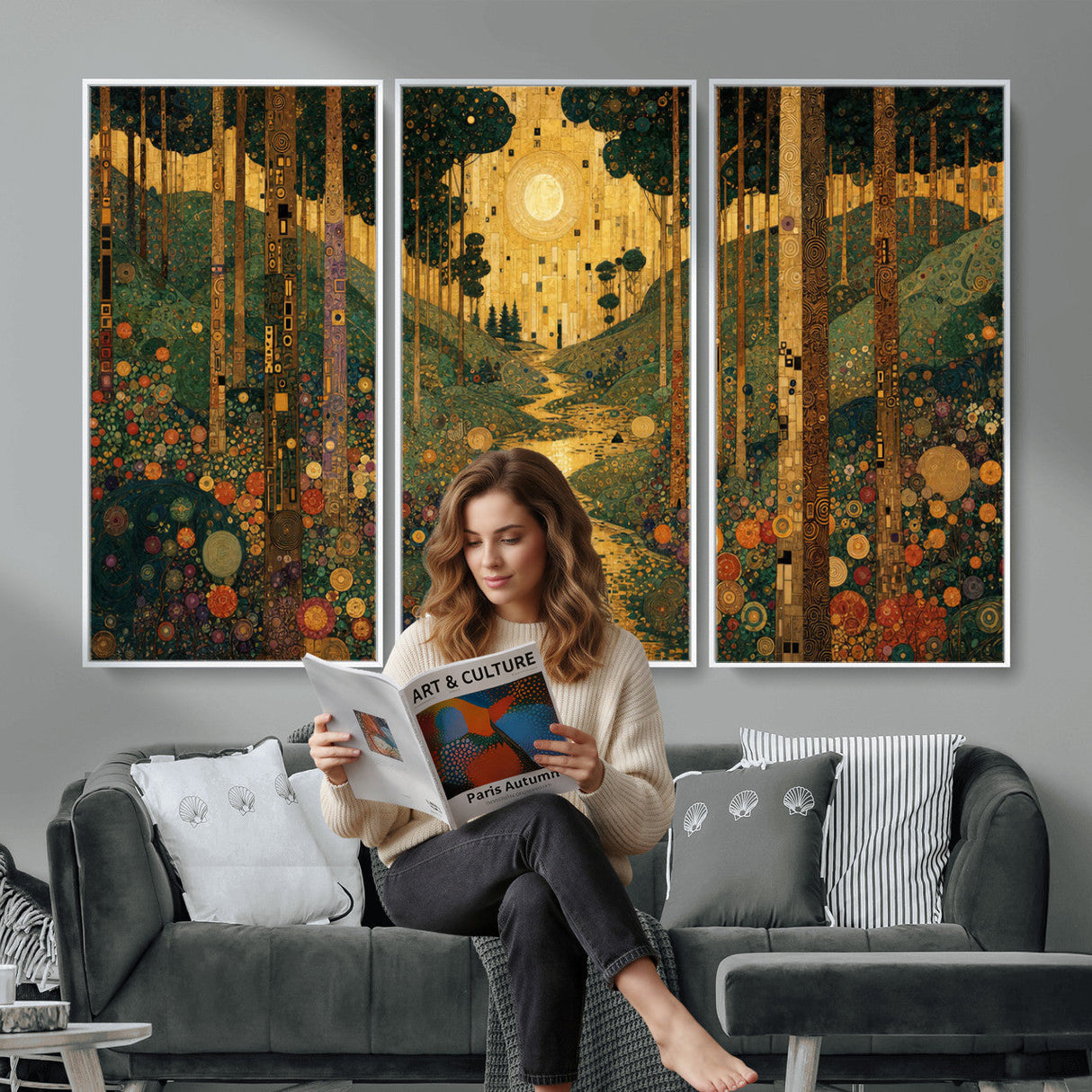 Gustav Klimt Style Forest Canvas Wall Art, Golden Forest Path Floral Art Nouveau Print, Enchanted Woodland Decor