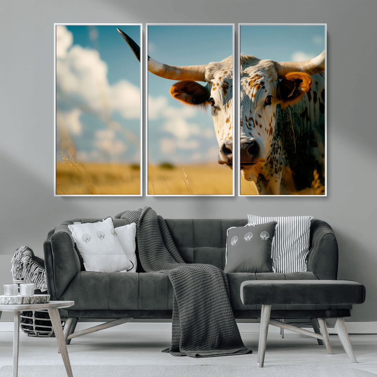 Longhorn in the Prairie - Stunning Ranch-Style Triptych Wall