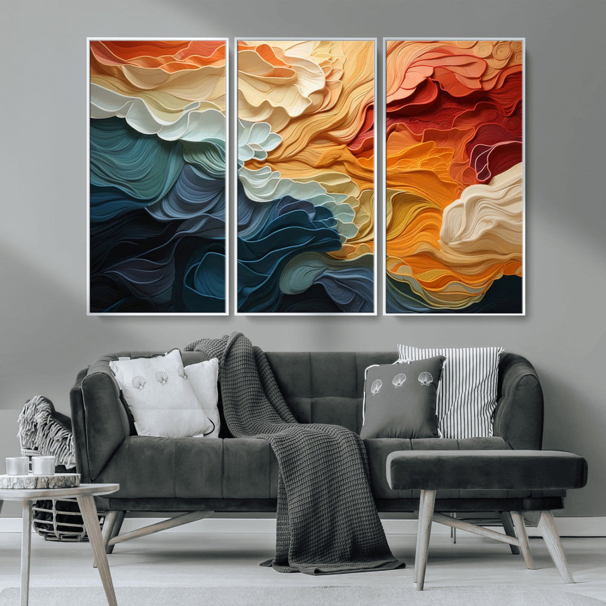 Blue Orange Abstract Wave Wall Art Canvas Print, Framed Blue