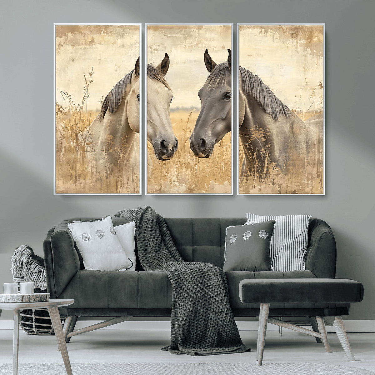 Chines Ink Style Grunge Horses Wall Art Canvas Print