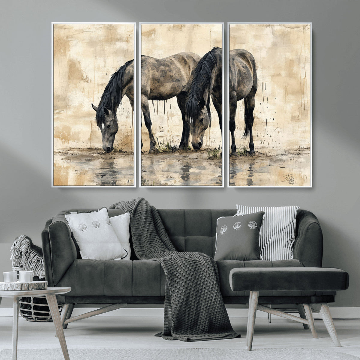 Chinese Style Abstract Black Horses Wall Art Canvas Print -