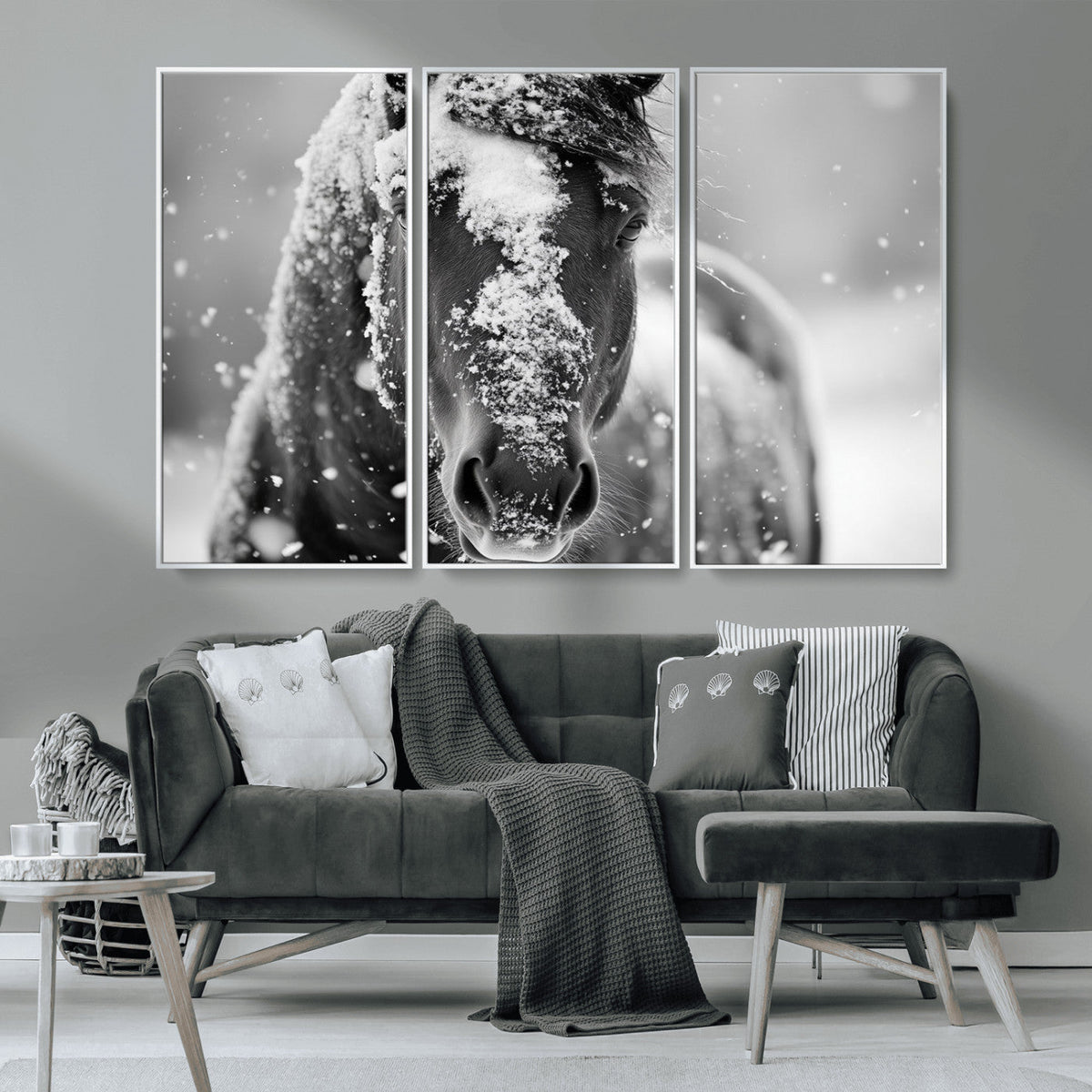 Black and White Horse Winter Wall Art | Ready to Hang and