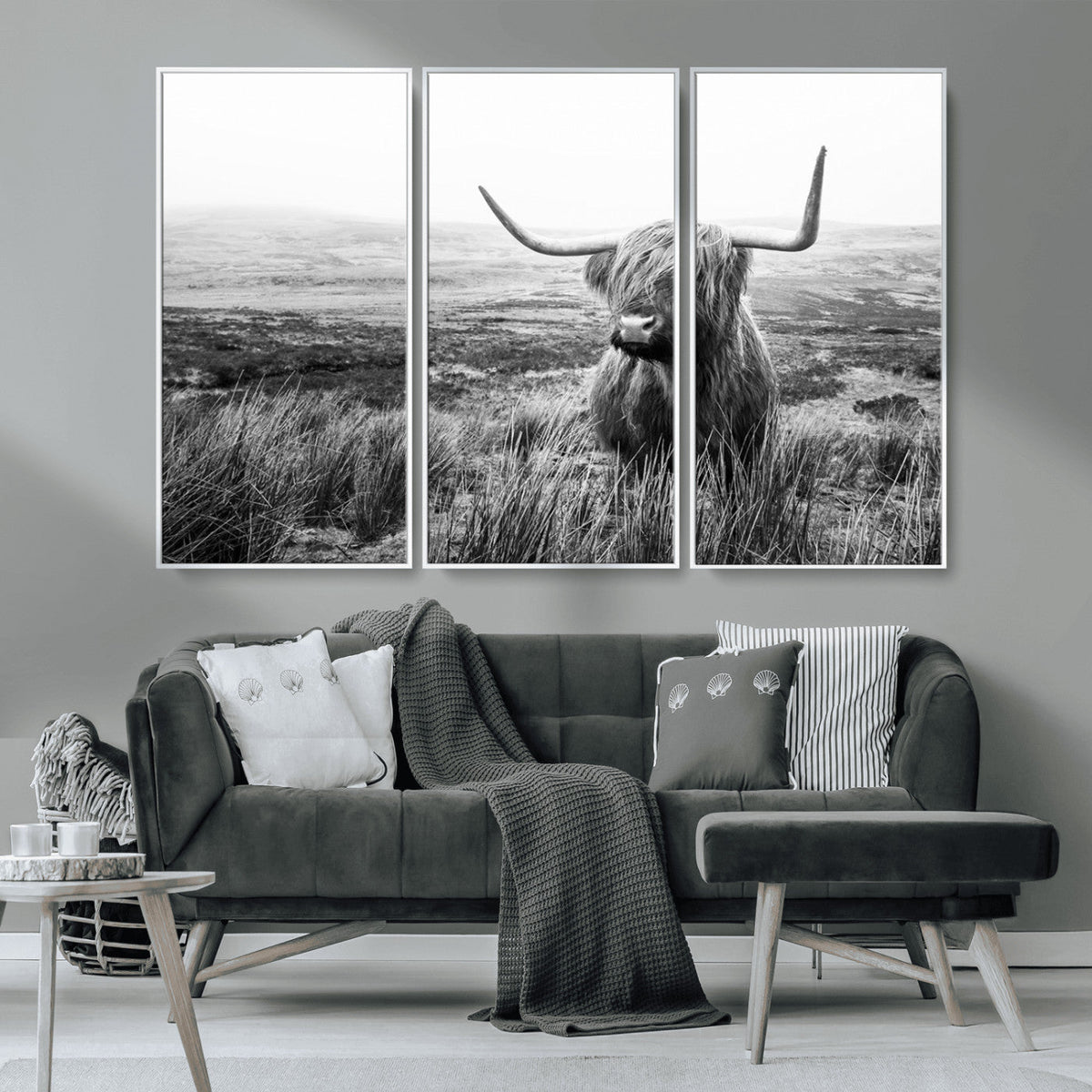 Scottish Highland Cow Wall Art | Black and White Canvas