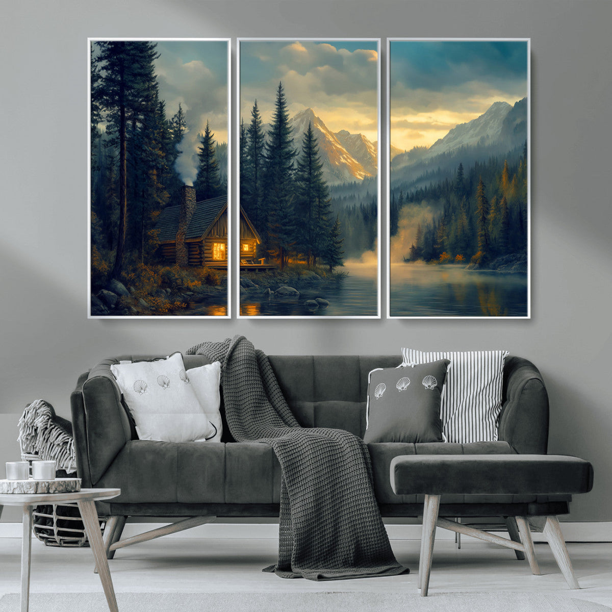 Mountain Cabin by the Lake at Sunset Wall Art - Serene