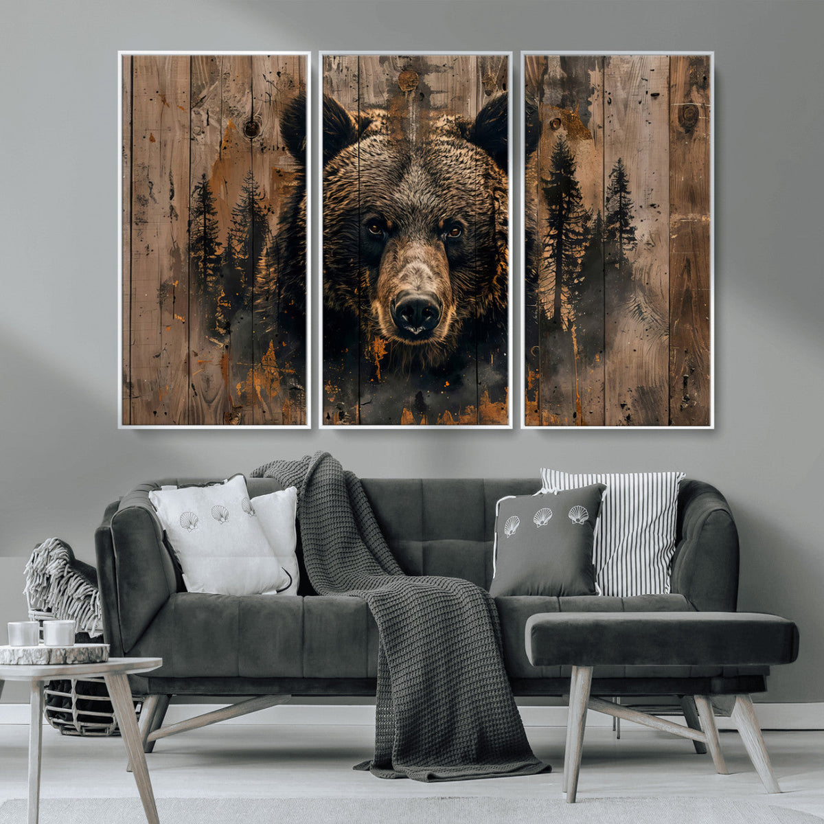 Rustic Grizzly 399 Wall Art | Triptych Canvas Print | Rustic