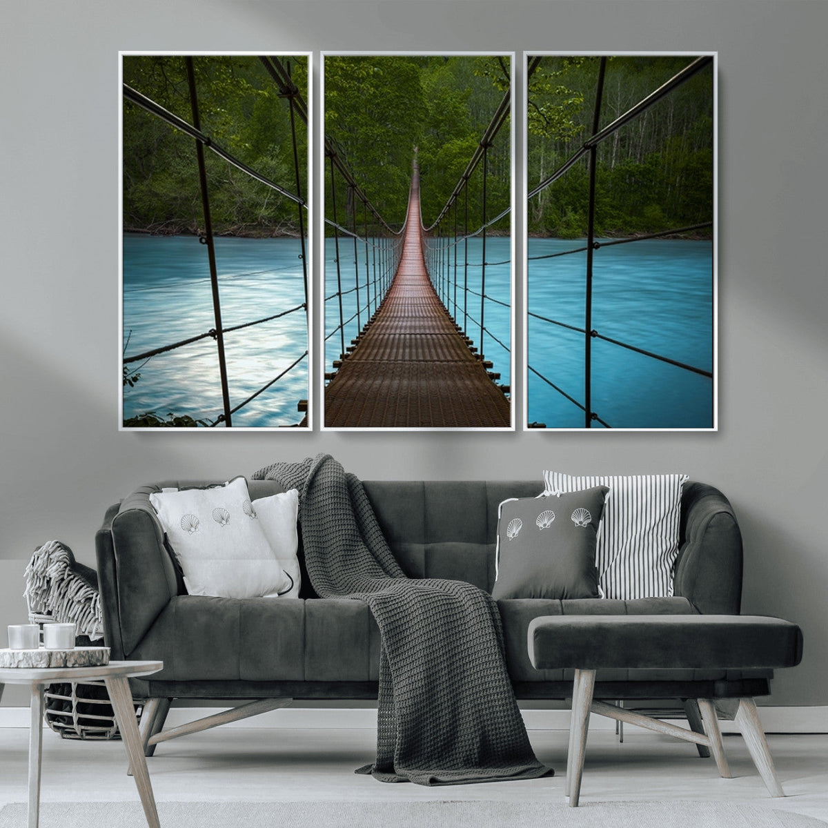 Suspension Bridge Over River Canvas Art | 3-Panel Nature