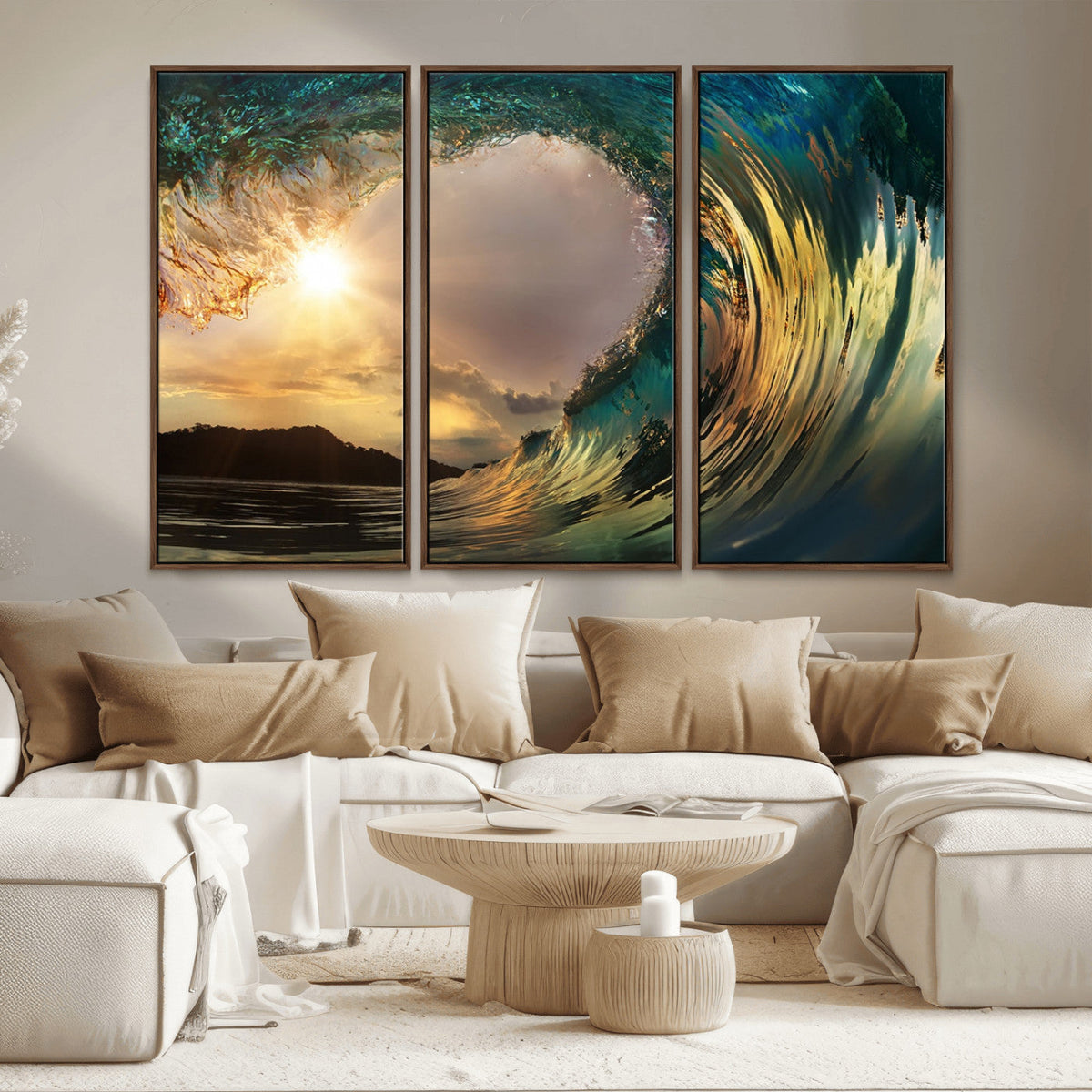 Golden Wave Sunset Canvas Print – Large Coastal Wall Art for