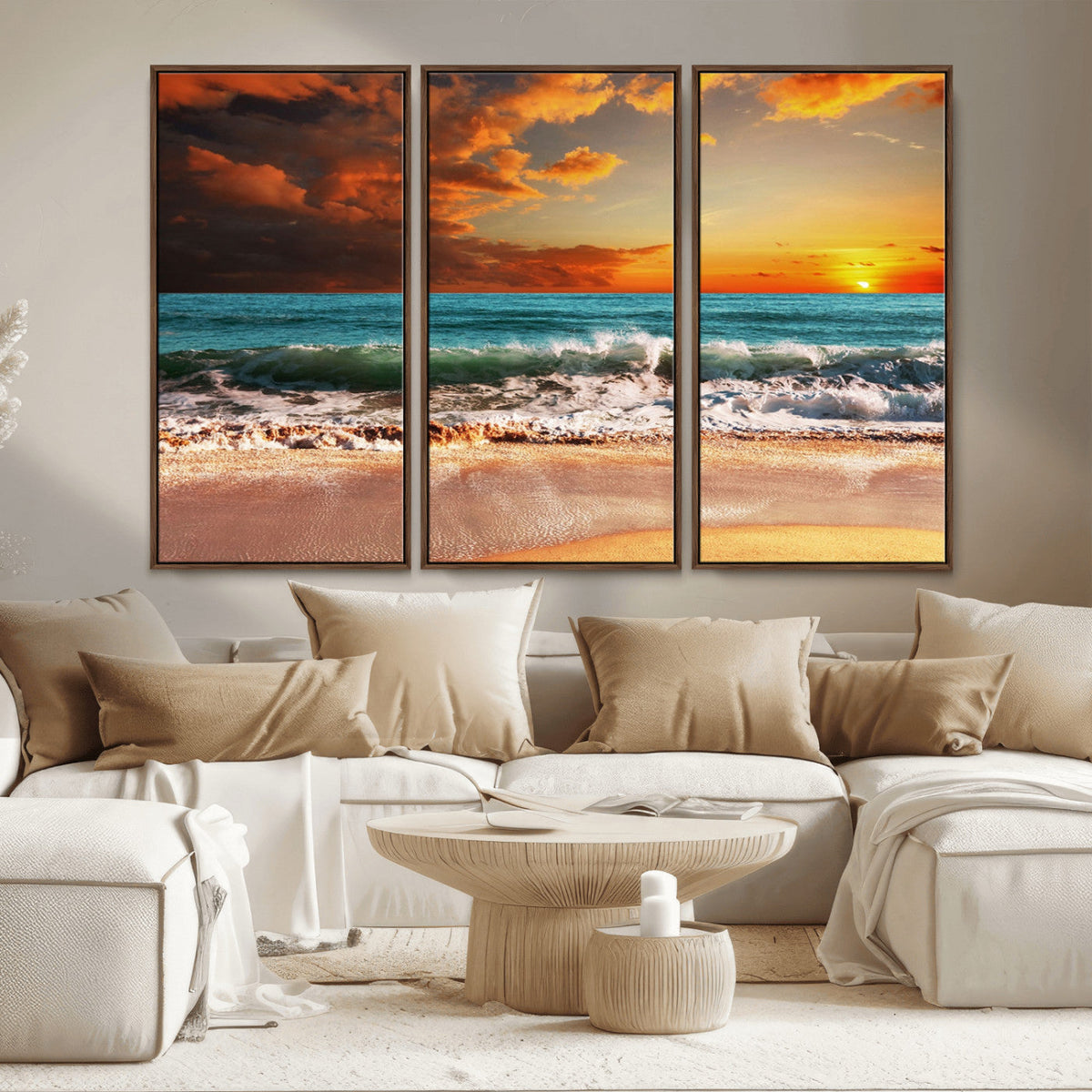 Golden Sunset Beach Canvas Wall Art – Triptych Seascape
