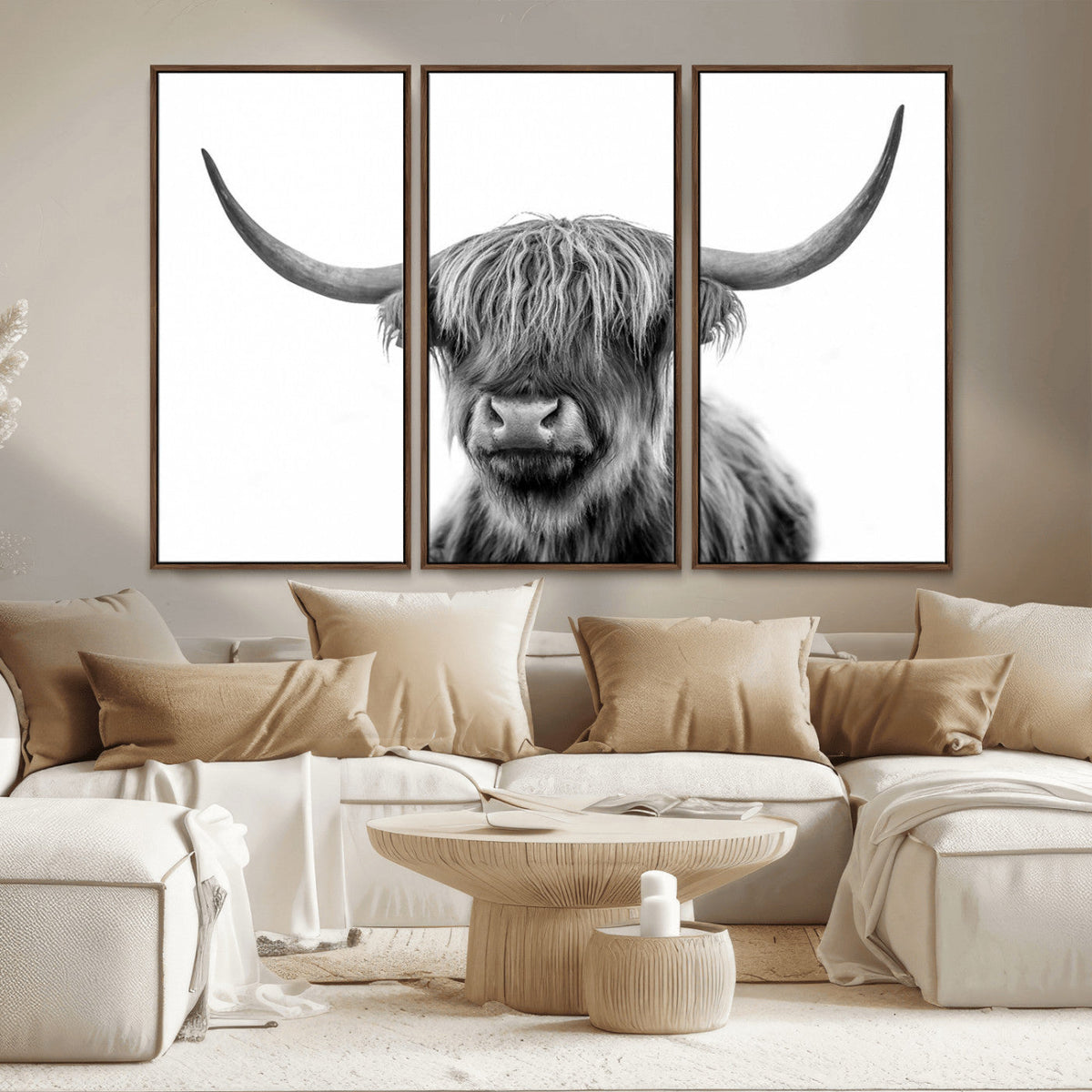 Grayscale Scottish Highland Cow Cattle Art Print Farmhouse