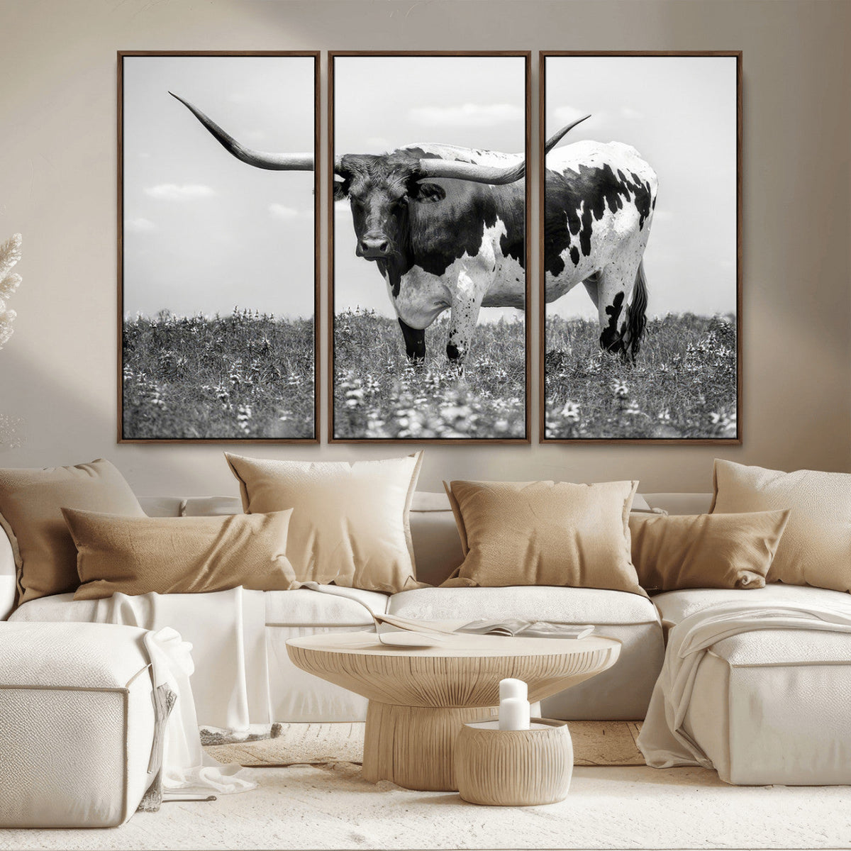 Texas Black White Highland Longhorn Cow Wall Art Canvas