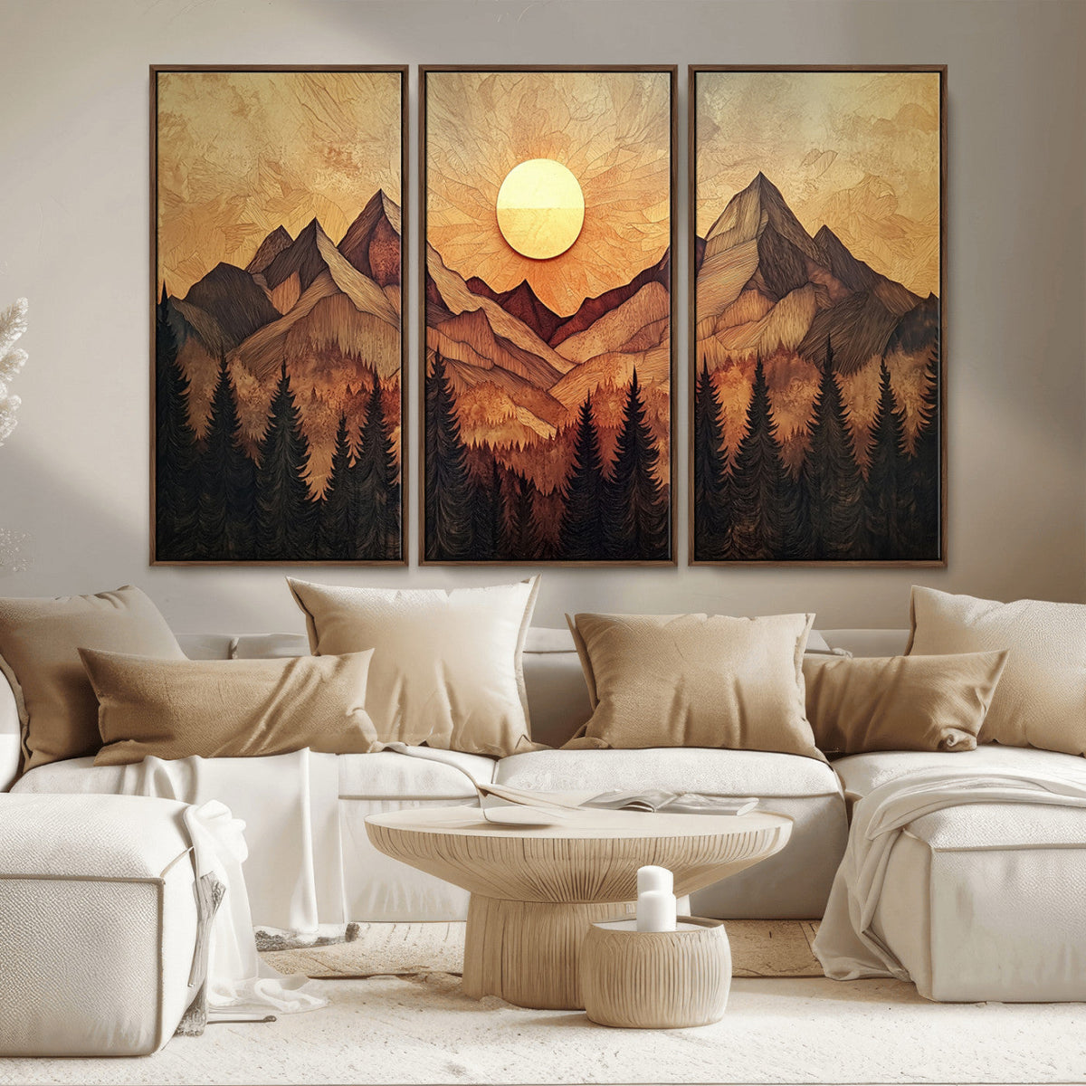 Wood Style Abstract Mountain Sunset Canvas Wall Art Print -