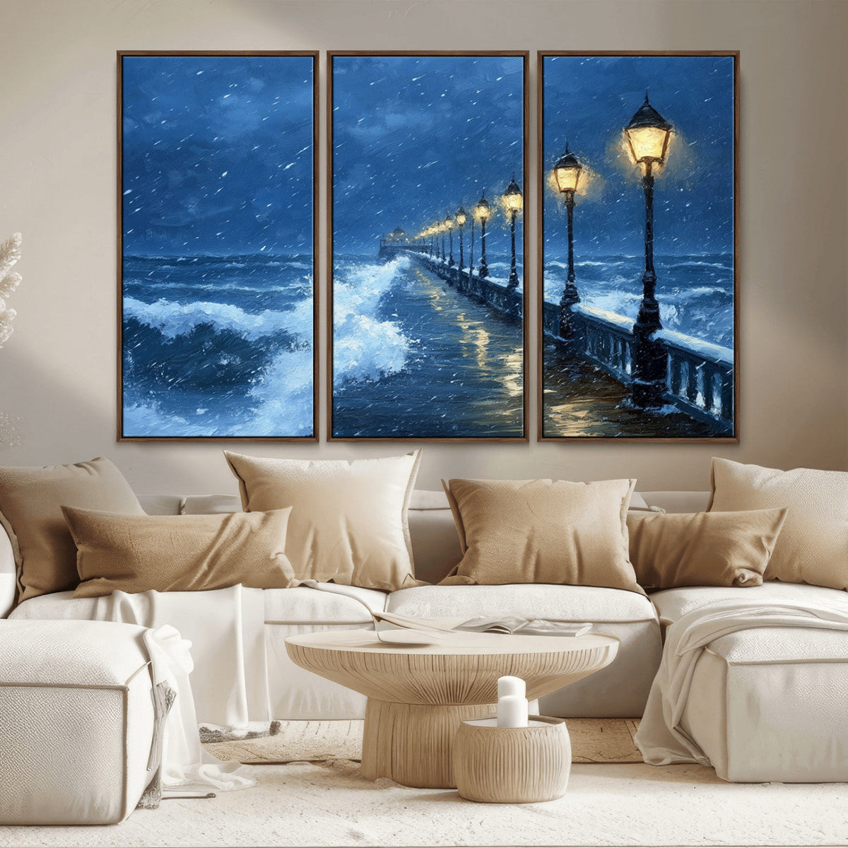 Stormy Ocean Pier Lights Canvas Wall Art Print - Large Moody