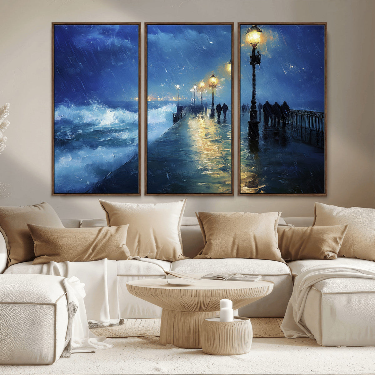 Storm Ocean Pier Canvas Wall Art Print - Large Moody Night