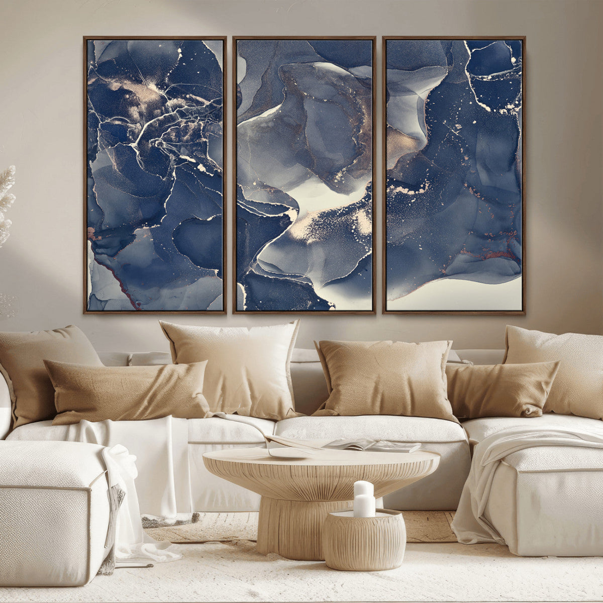 Large Abstract Blue and Gold Canvas Wall Art Fluid Ink