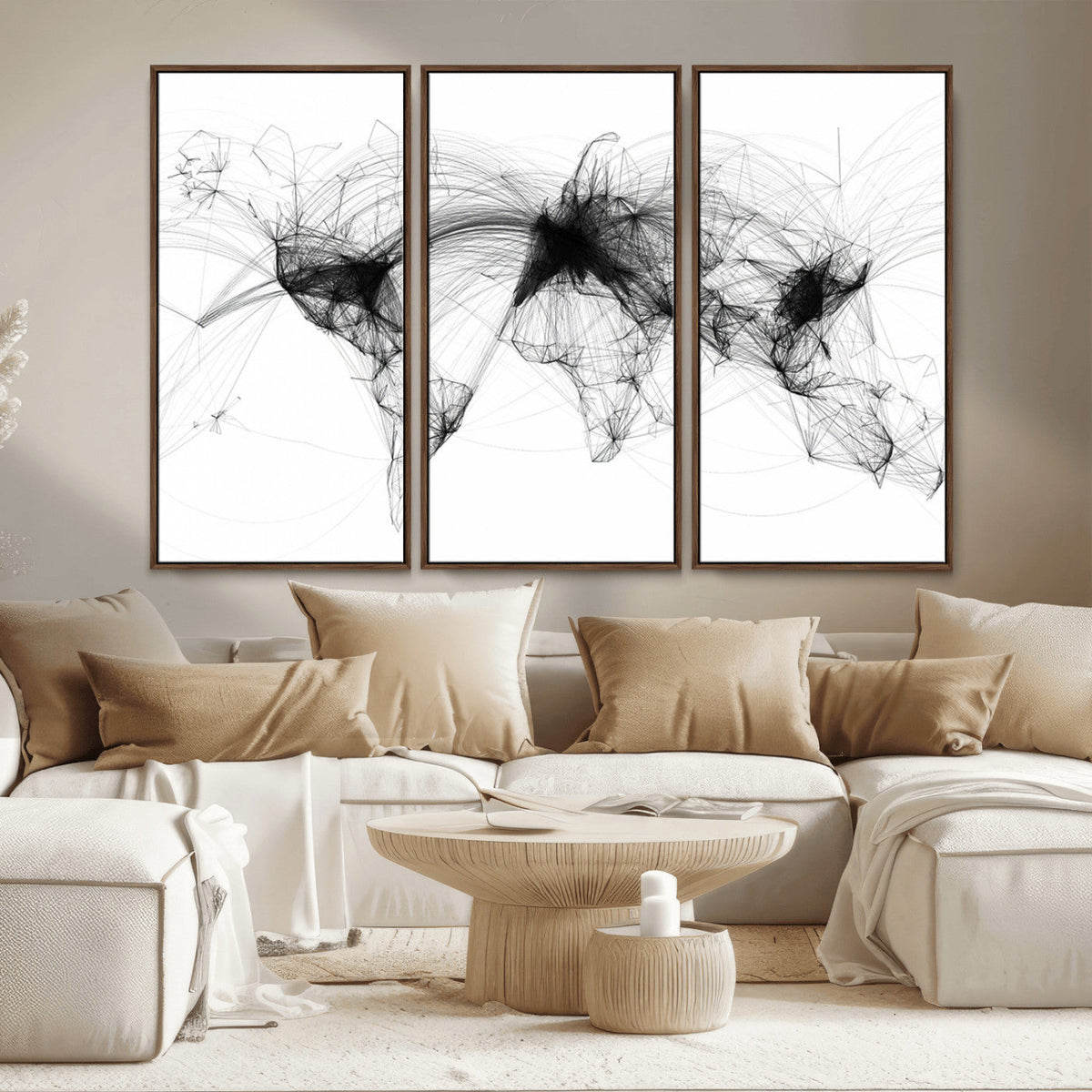 Abstract World Map Wall Art – Framed Geometric Line Canvas