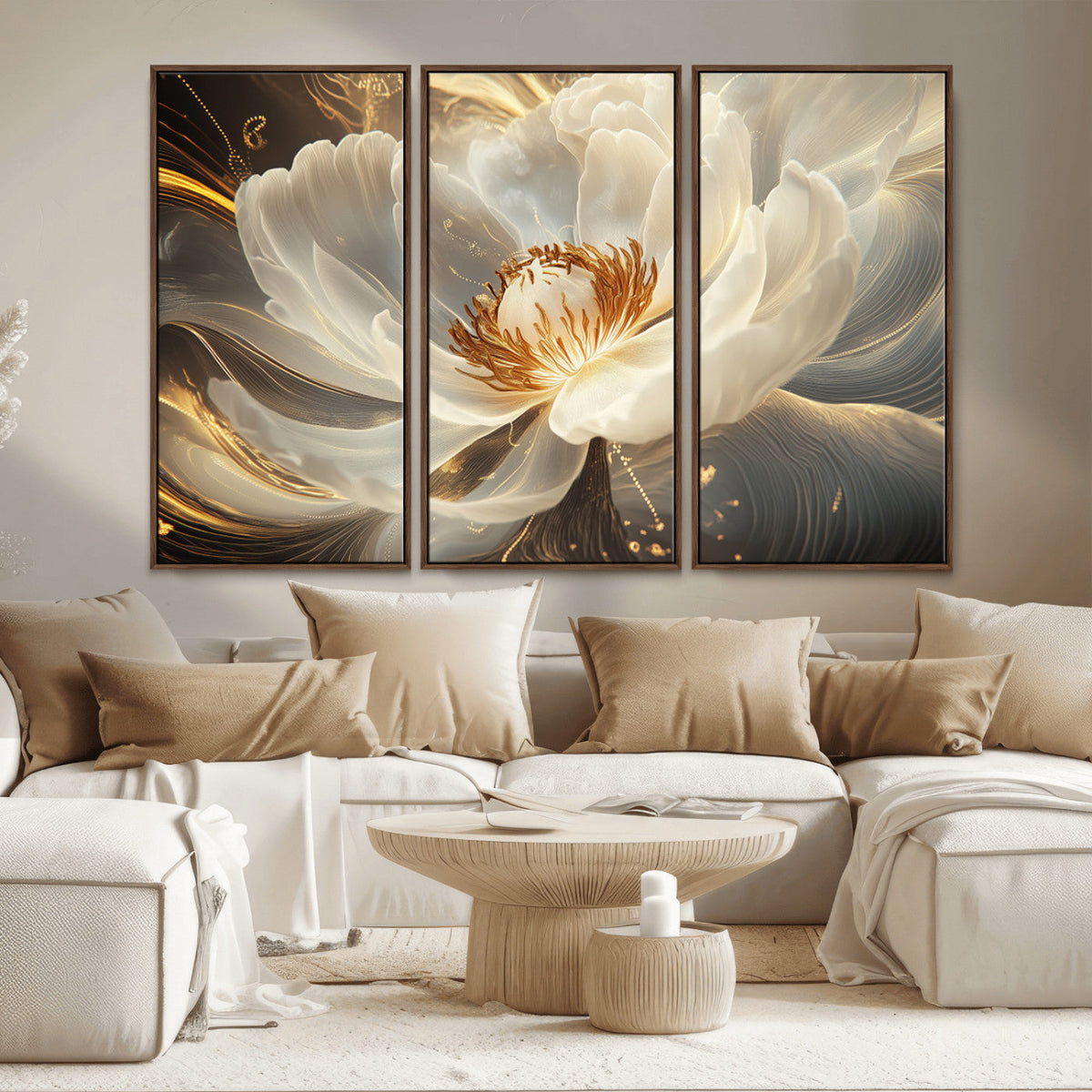 Gold Floral Wall Art Canvas Print, Framed Modern Flower Art