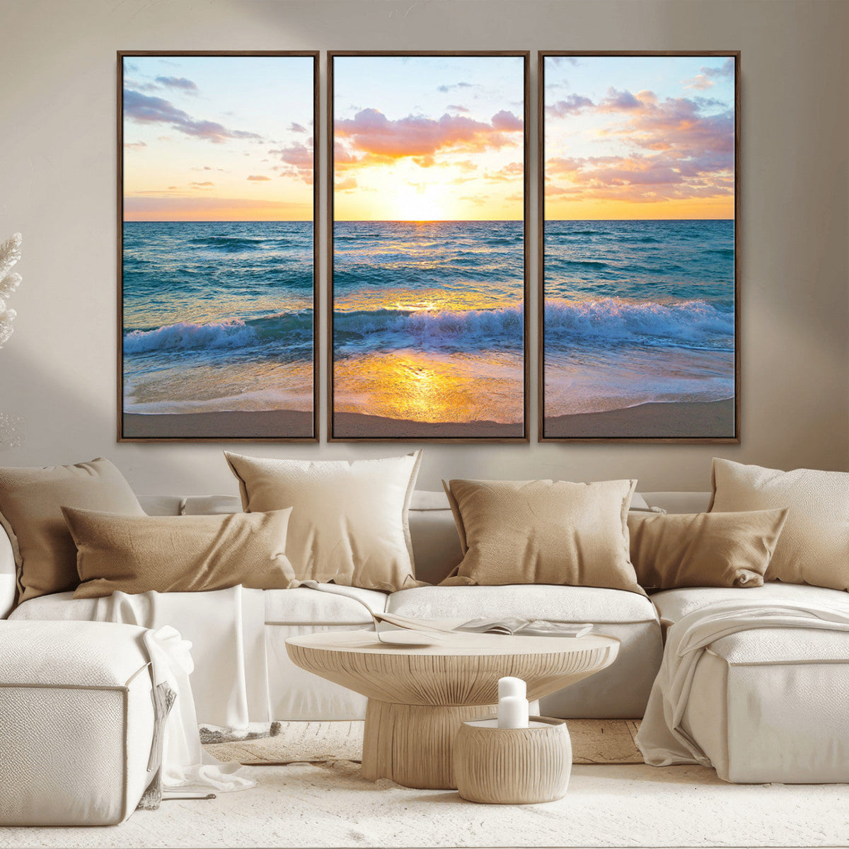Golden Sunset Over Ocean Waves - Serene Coastal Triptych