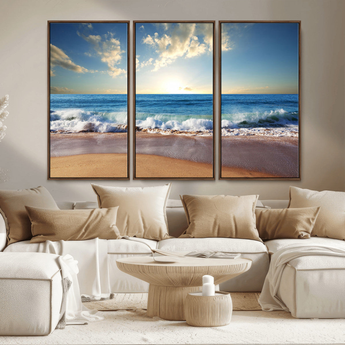 Serene Ocean Sunset Canvas Wall Art - Beach Waves at Sunset,