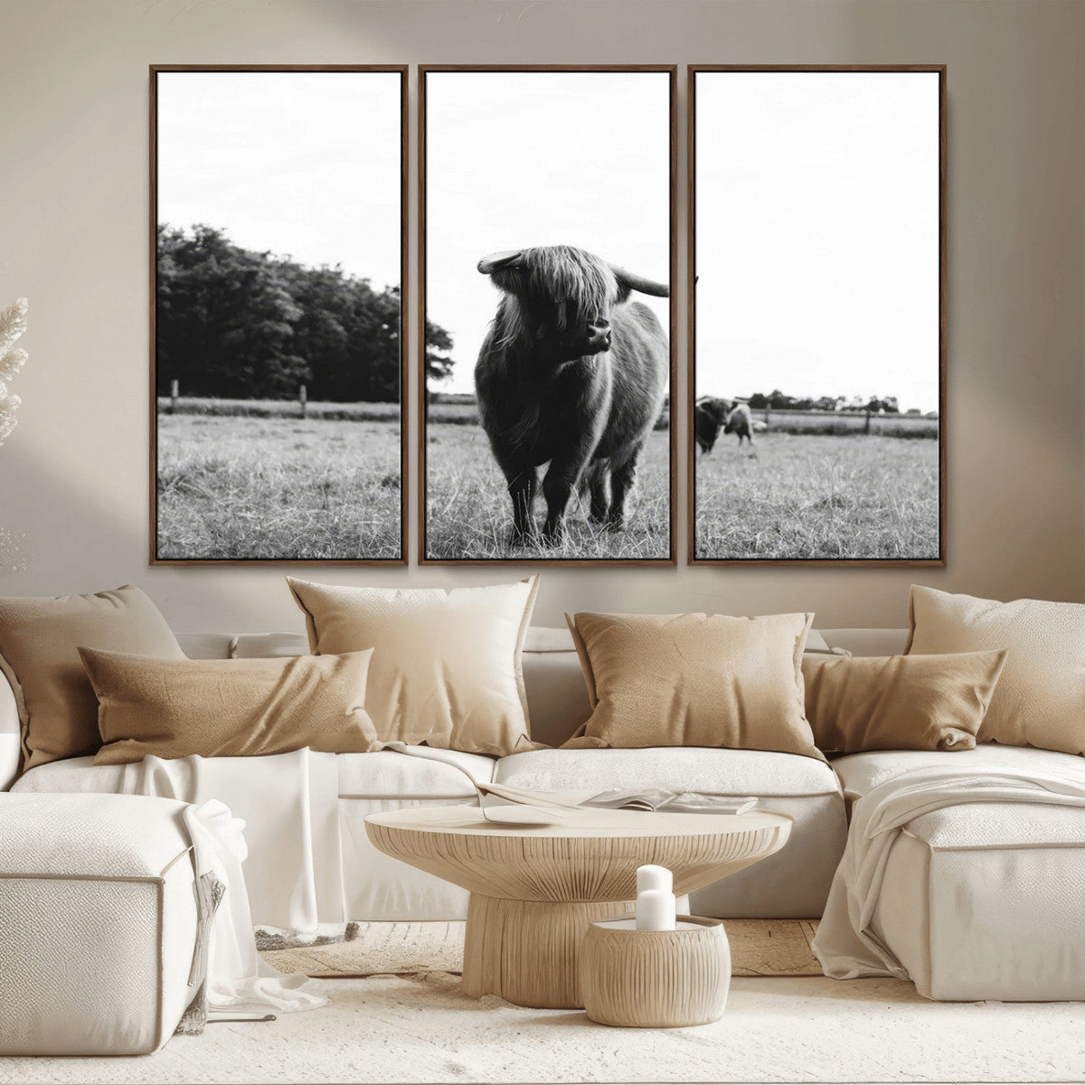 Black and White Highland Cow Wall Art Canvas Print | Rustic