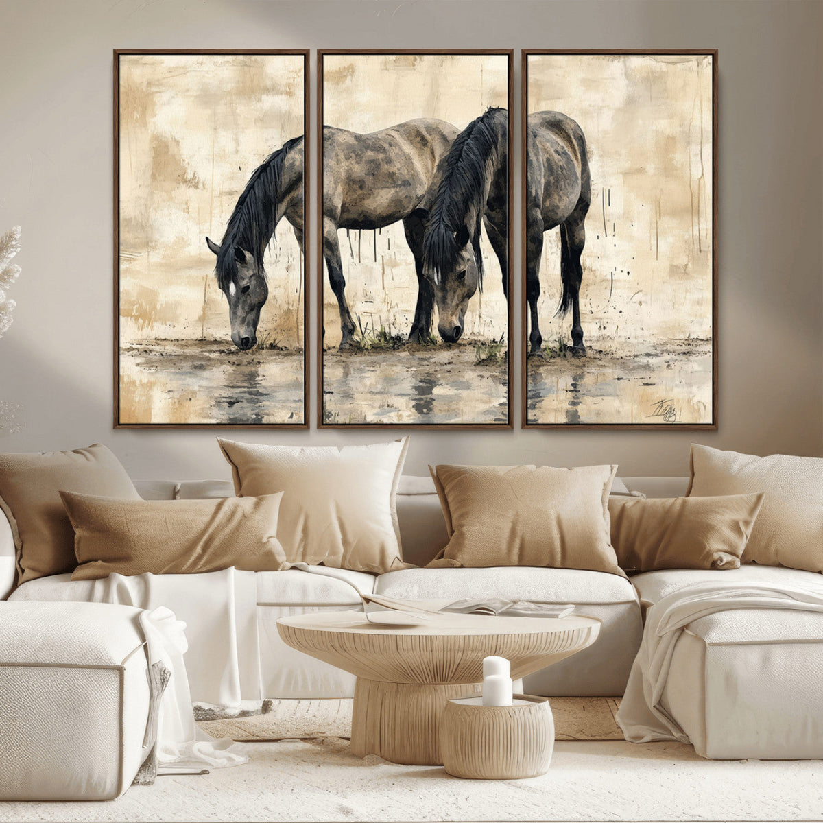 Chinese Style Abstract Black Horses Wall Art Canvas Print -