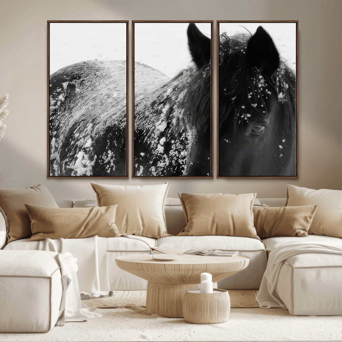 Black Horse in Snow Canvas Print | Winter Horse Wall Art |