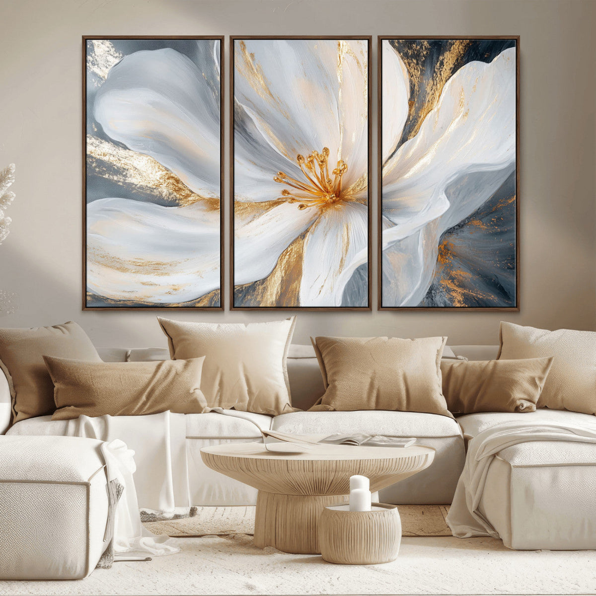 White and Gold Floral Canvas Wall Art - Framed and Ready to