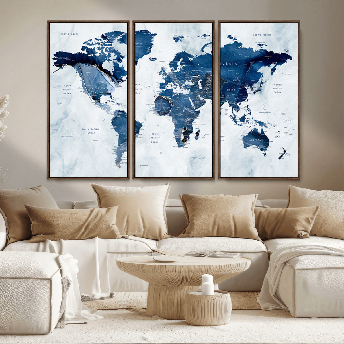 Modern Blue World Map Canvas Print – Framed Wall Art,