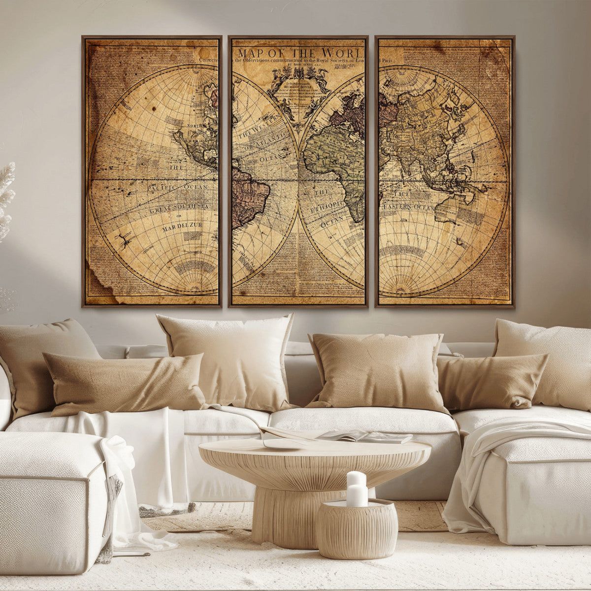 Vintage World Map Wall Art Canvas – Antique Style Push Pin