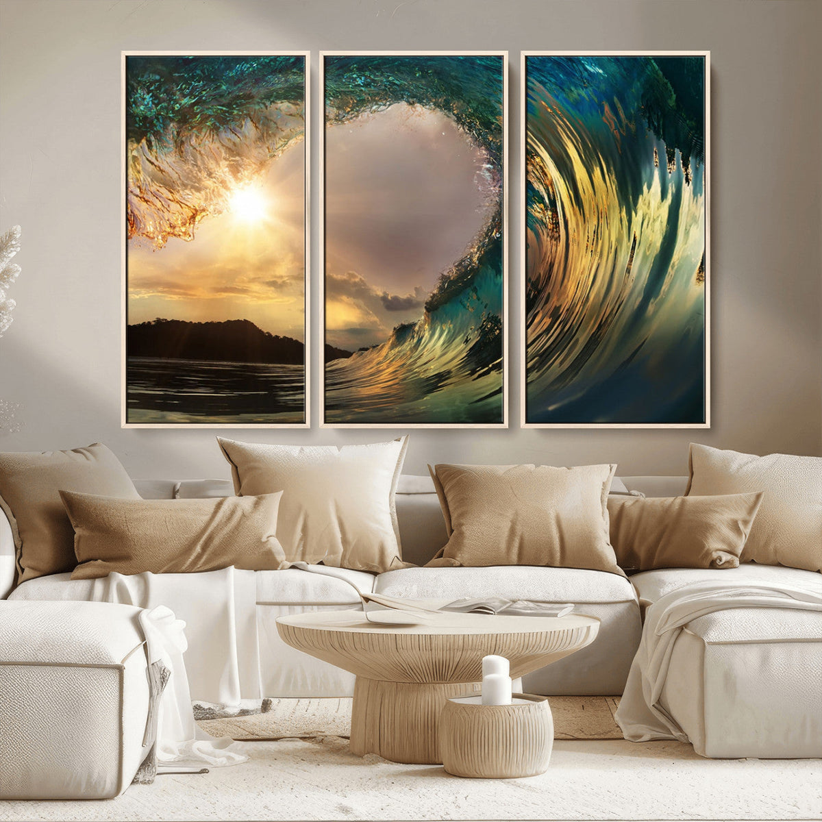 Golden Wave Sunset Canvas Print – Large Coastal Wall Art for