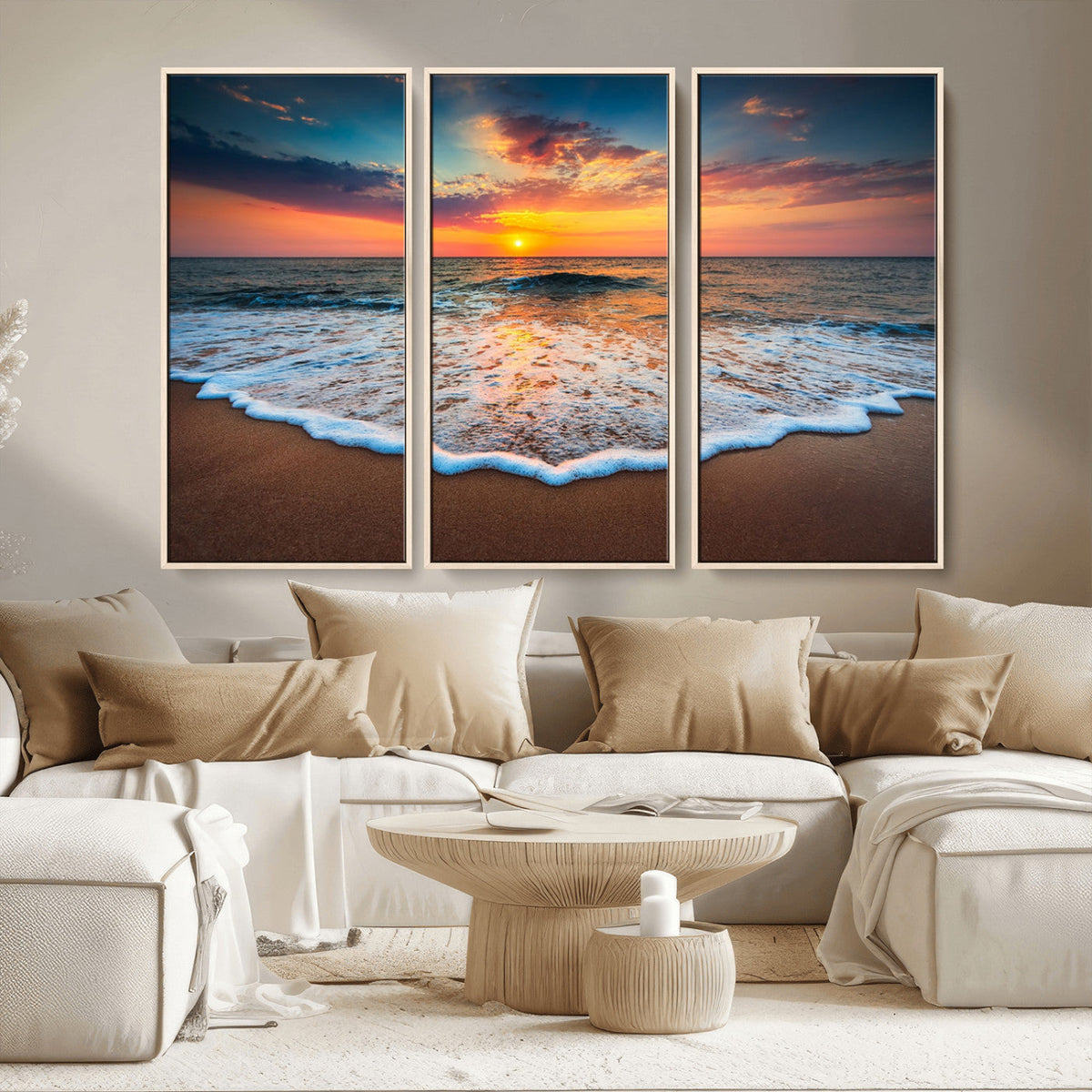 Sunset Beach Canvas Wall Art – Colorful Ocean Waves Triptych