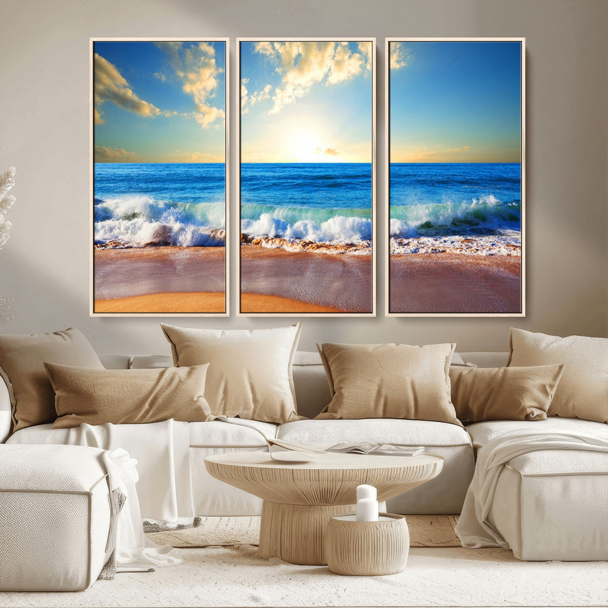 Tropical Beach Sunset Canvas Art, Ocean Waves and Sandy