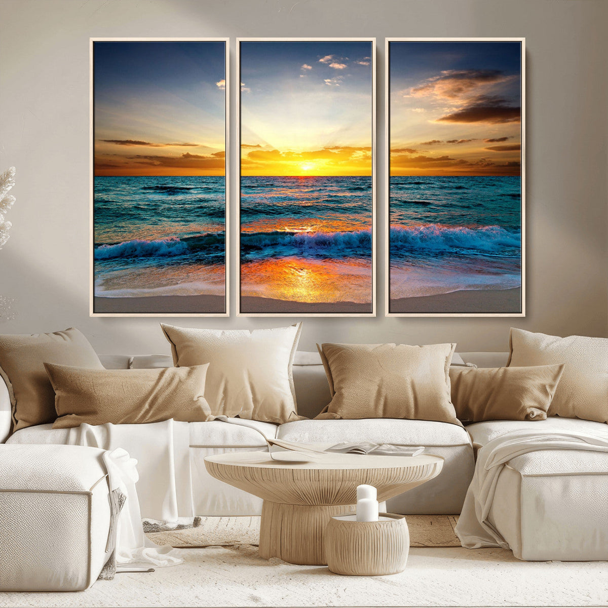Vibrant Ocean Sunrise Over Golden Beach Waves, Giclee Canvas