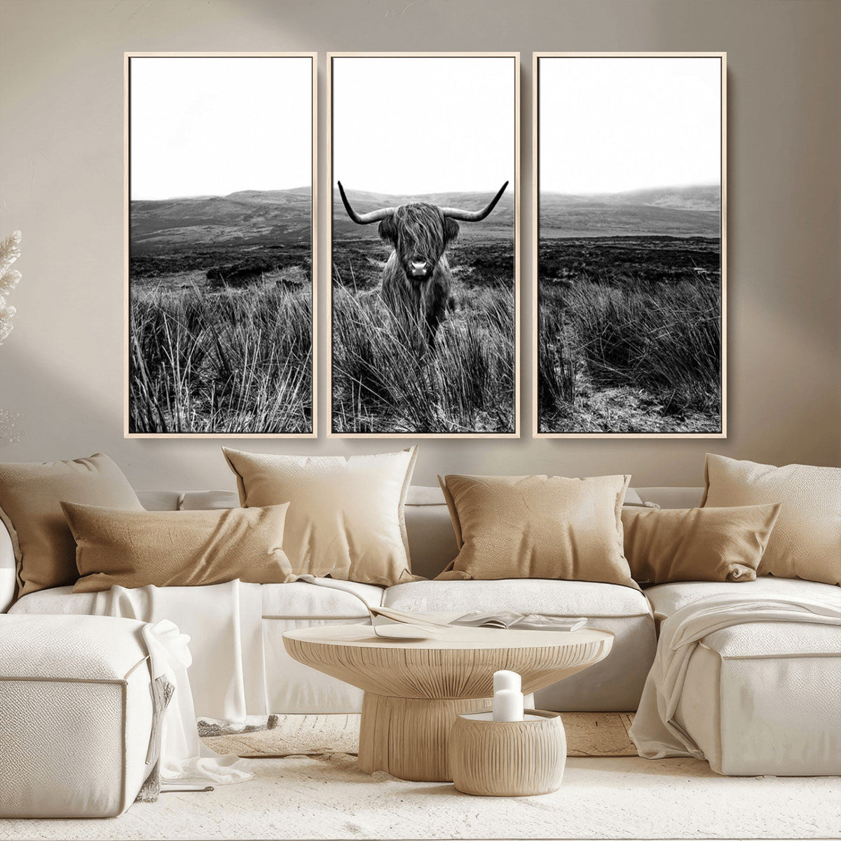 Black and White Highland Cow Canvas Wall Art, Longhorn
