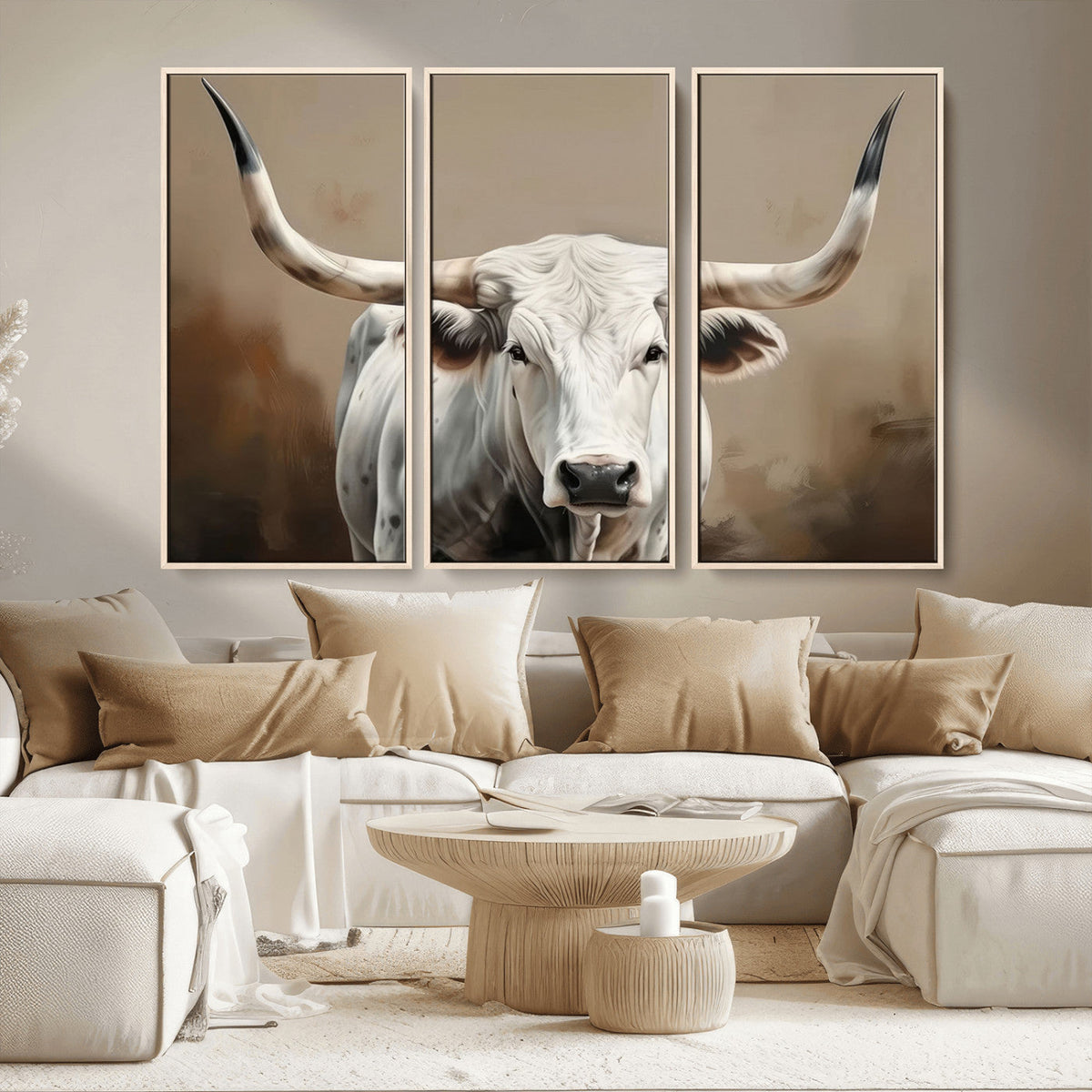 White Longhorn Bull Wall Art Canvas Print – Framed and Ready