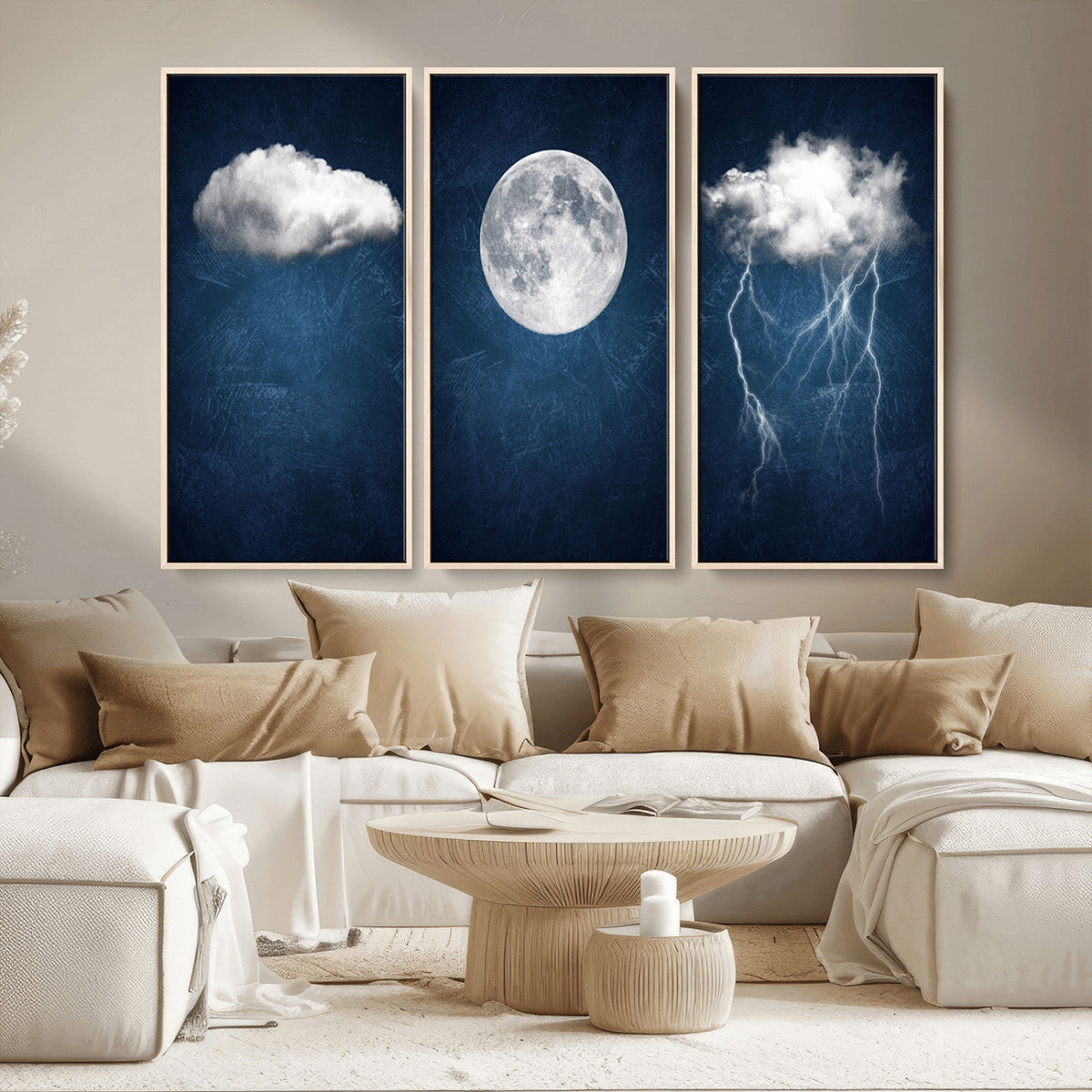 Dark Blue Cloud Art, 3 Piece Indigo Blue Wall Art, Aesthetic