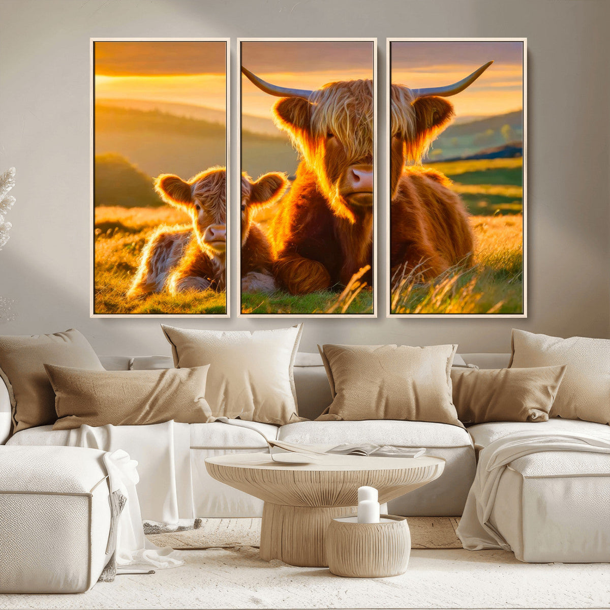 Scottish Cow and Baby Cow Canvas Wall Art Animal Print