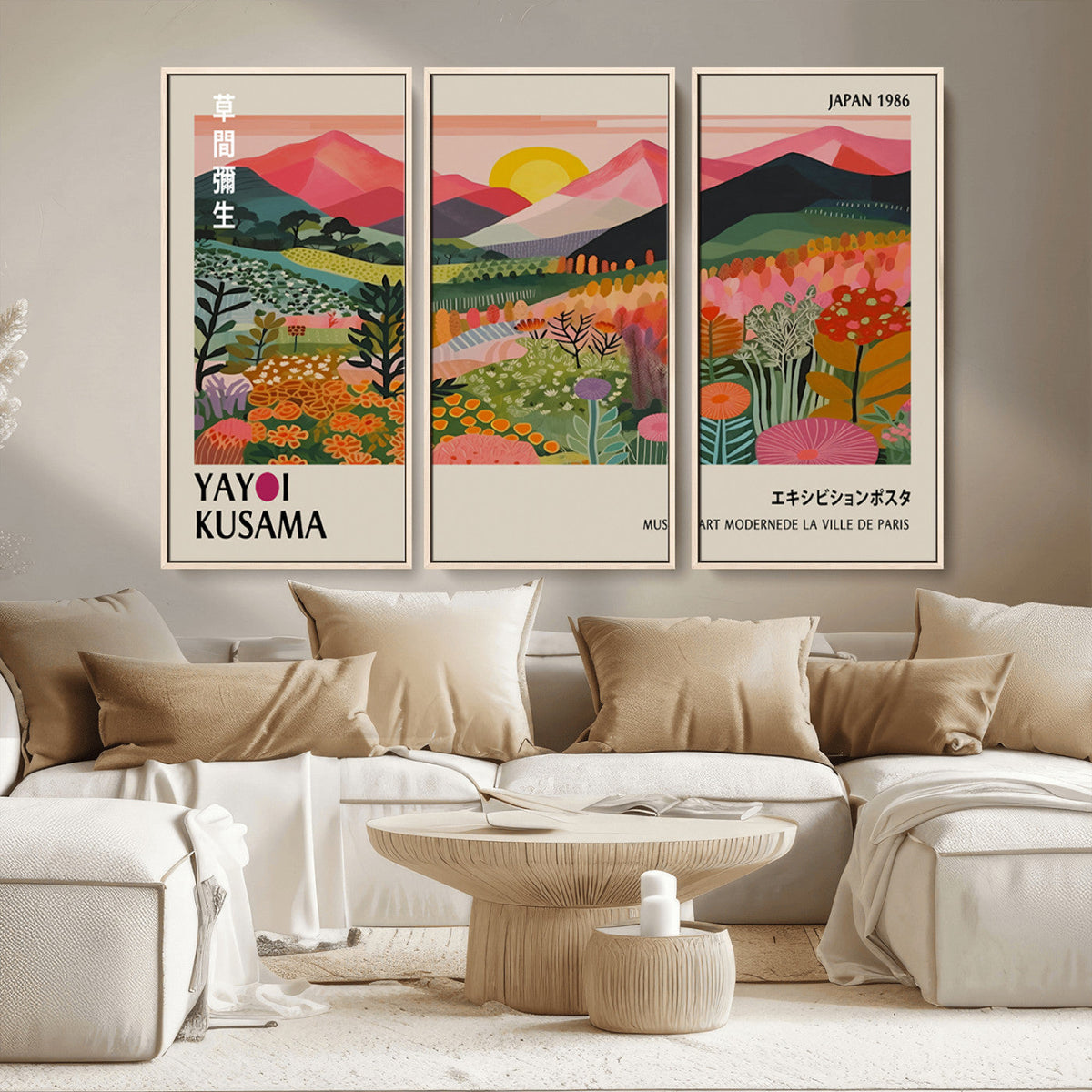 Yayoi Kusama Landscape Canvas Print, Vibrant Floral Mountain Art Print, Framed Botanical Wall Art -