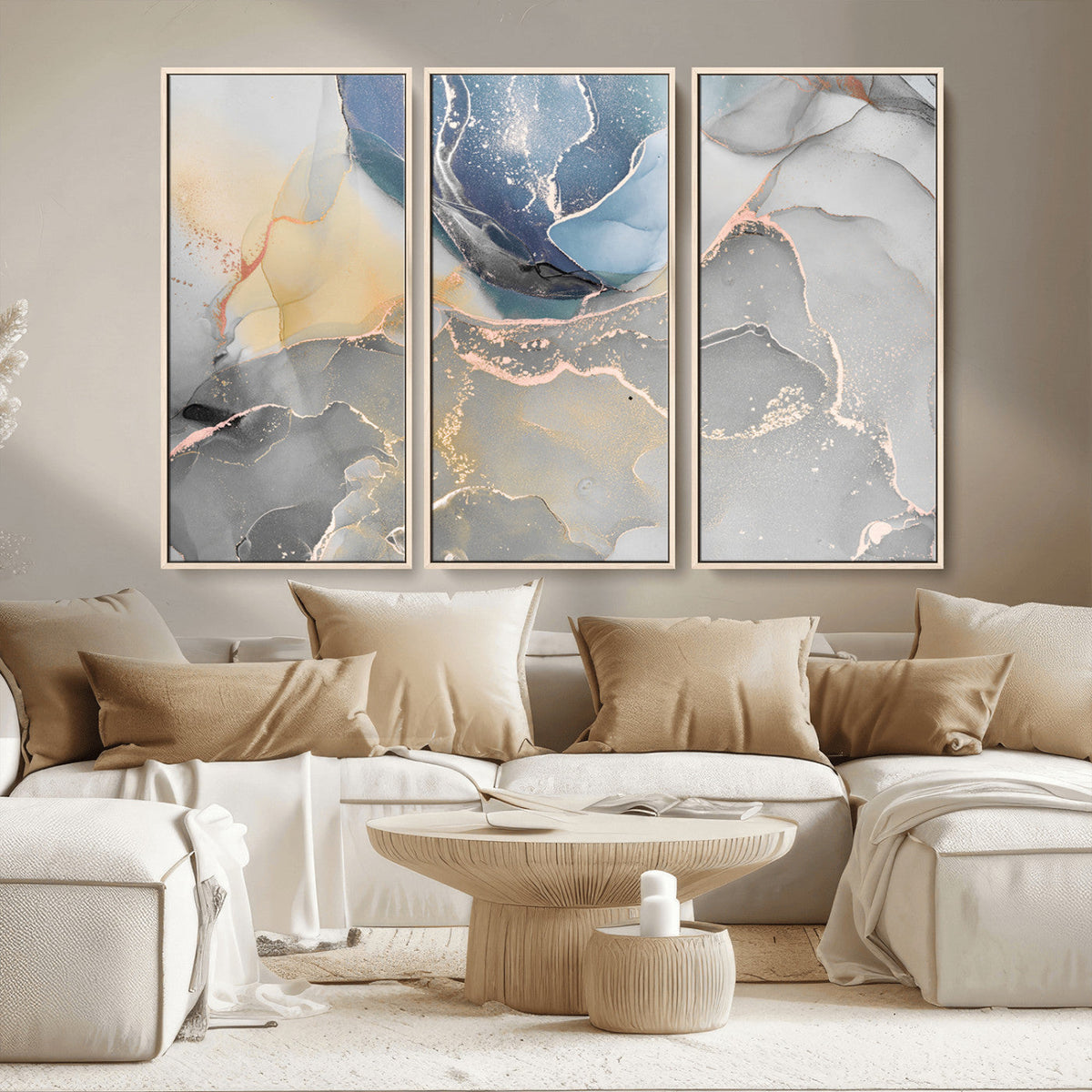 Large Abstract Blue and Gold Canvas Wall Art | Fluid Ink