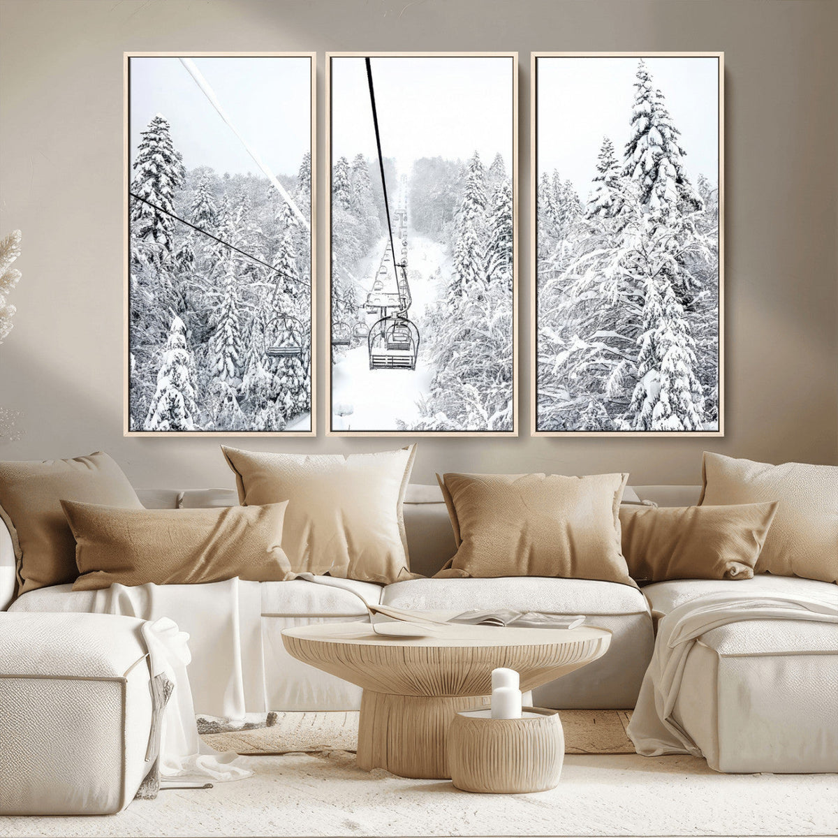 Snowy Ski Lift Wall Art – Framed Winter Mountain Canvas