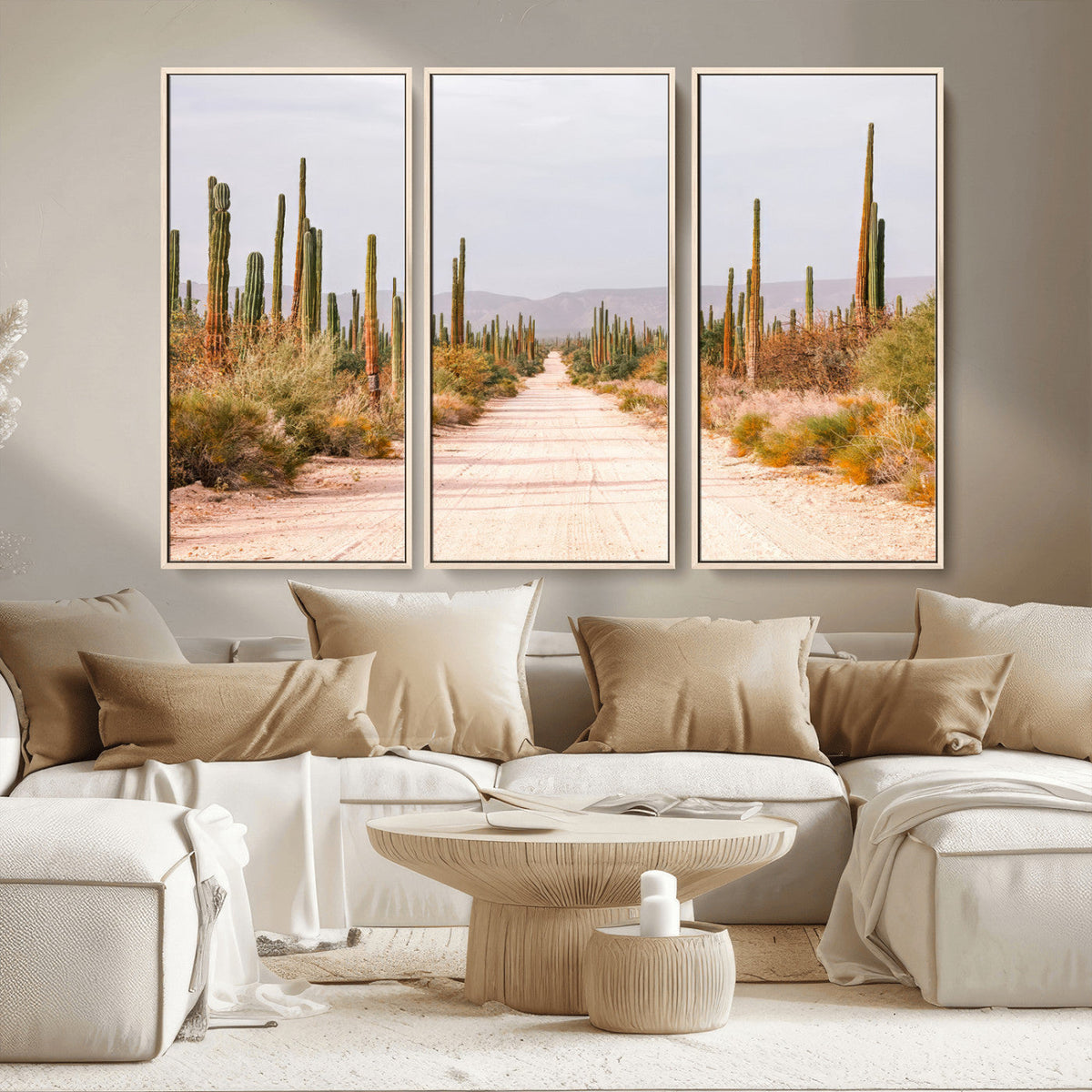 Desert Cactus Lined Road Wall Art Canvas Print – Framed