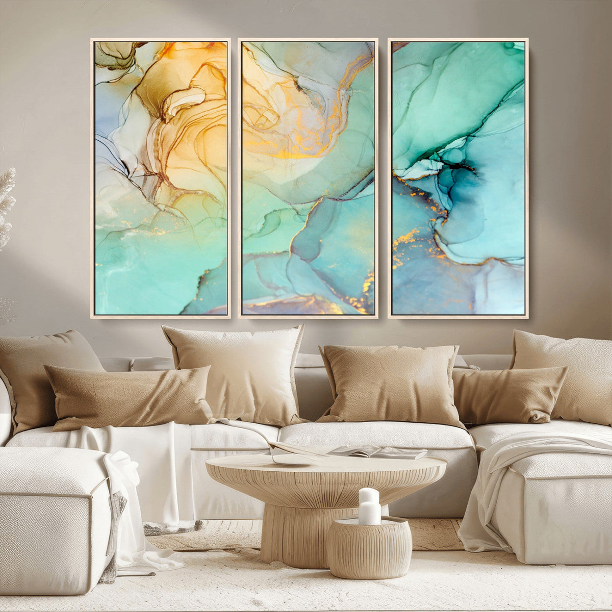 Abstract Aqua and Gold Fluid Wall Art Canvas | 3 Panel Large