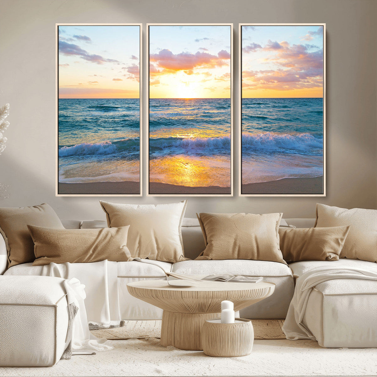 Golden Sunset Over Ocean Waves - Serene Coastal Triptych