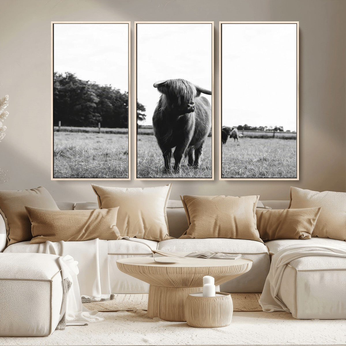 Black and White Highland Cow Wall Art Canvas Print | Rustic