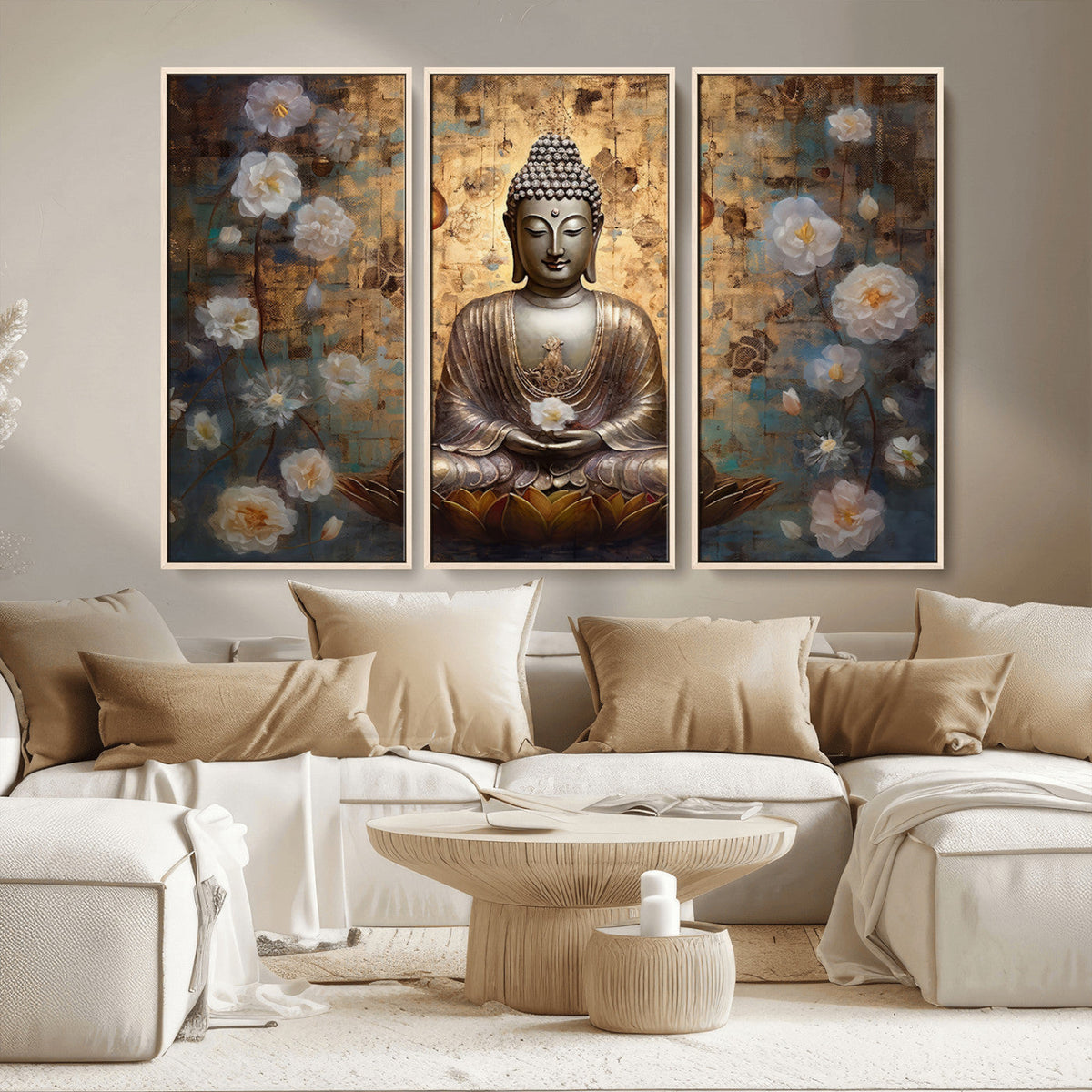 Golden Buddha Wall Art Canvas Print | Zen Meditation Floral